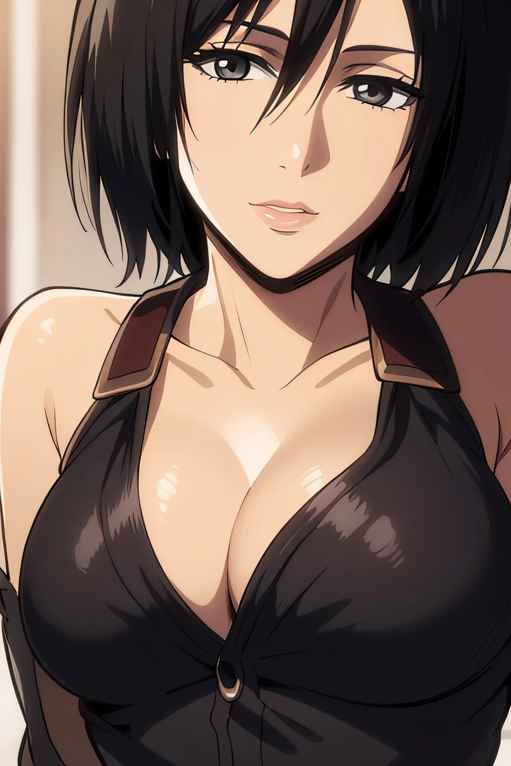 1girl, mikasa ackerman, (black hair:1.3), hair between eyes, short hair, sideburns, gray eyes, lips, cleavage, big breasts, close up, solo, lips, masterpiece, best quality,