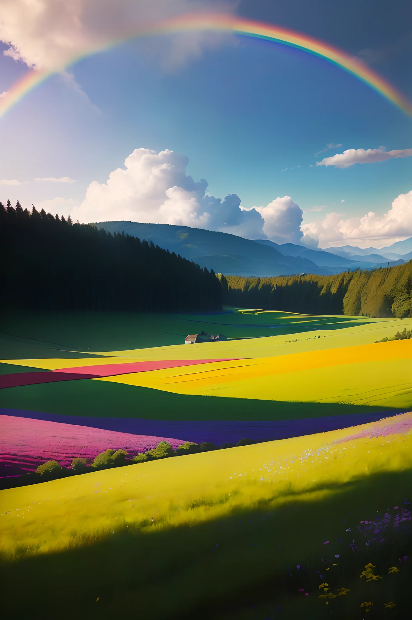 there is a rainbow in the (sky( over a field of flowers, scenic colorful environment, extraordinary colorful landscape, color field painting. 8k, rich picturesque colors, breathtaking colors, a beautiful landscape, natural landscape beauty, color field, flower field, beautiful landscape, breathtaking landscape, colorful scene, beautiful dreamy landscape, colorful 8 k, amazing landscape in background, amazing landscape