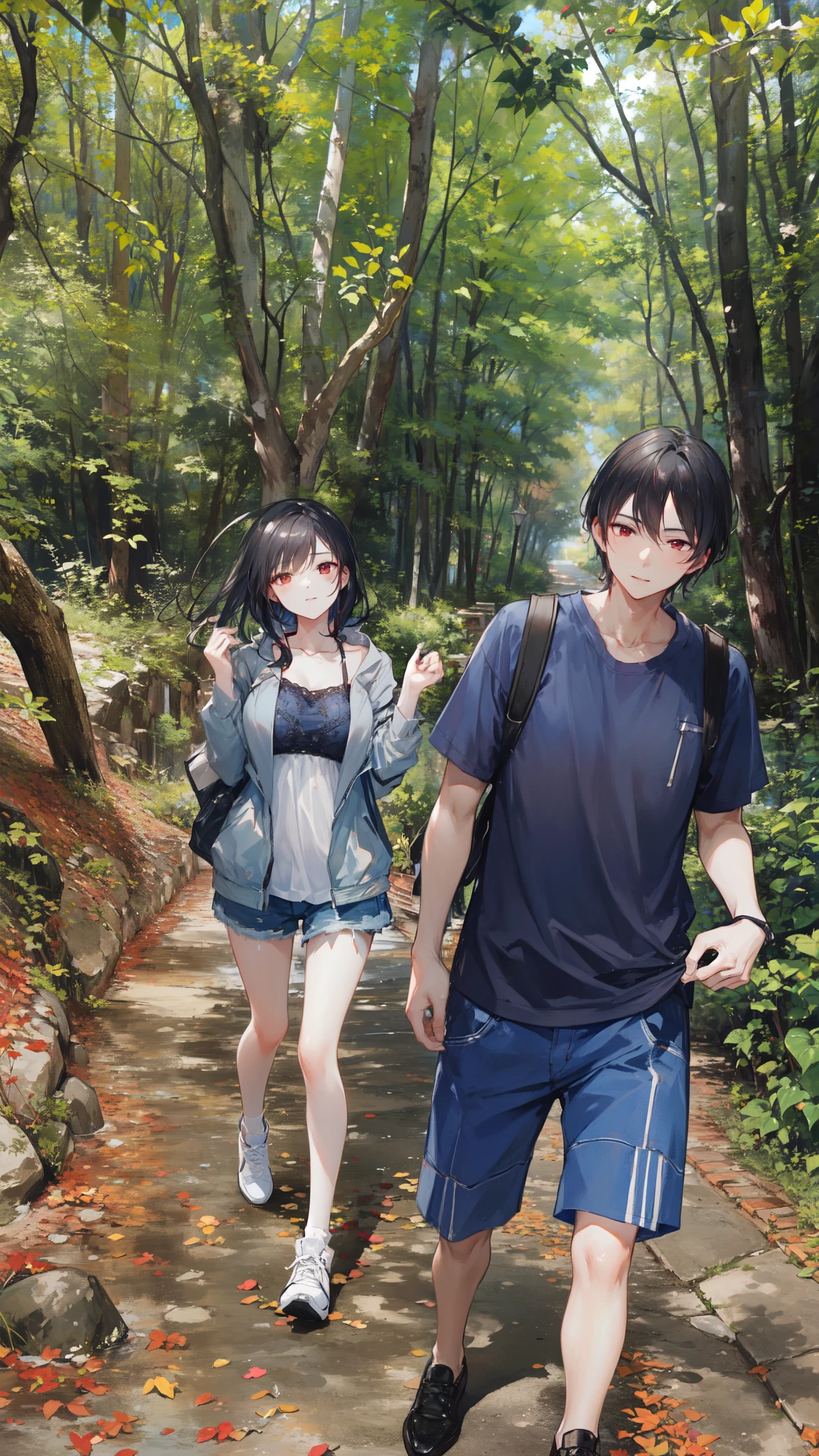 4k romantic scene: mature couple in a romantic act. The man has black hair and blue eyes, while the woman has tied black hair and red eyes.