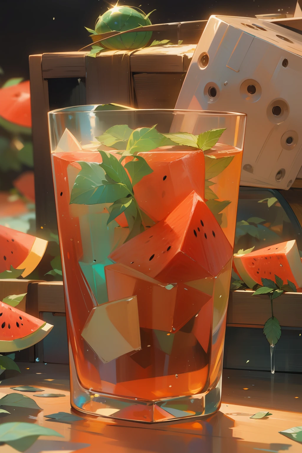 A glass of soft drink,Frozen,Freeze effect,Place on a wooden pallet,There are a few pieces of watermelon inside,There are mint leaves,Cut small orange green,There are ice cubes,There are several scattered ice cubes on the board,Super realistic food pictures, full subject shown in photo,The Arthur effect, Gradient translucent glass melt, Caustics, Glass texture, Irridescent color, Designed by Dietrams, Simple, Glows in high detail, industrial design, studio lit, C4D, OC renderer, Clean shadows, 4K