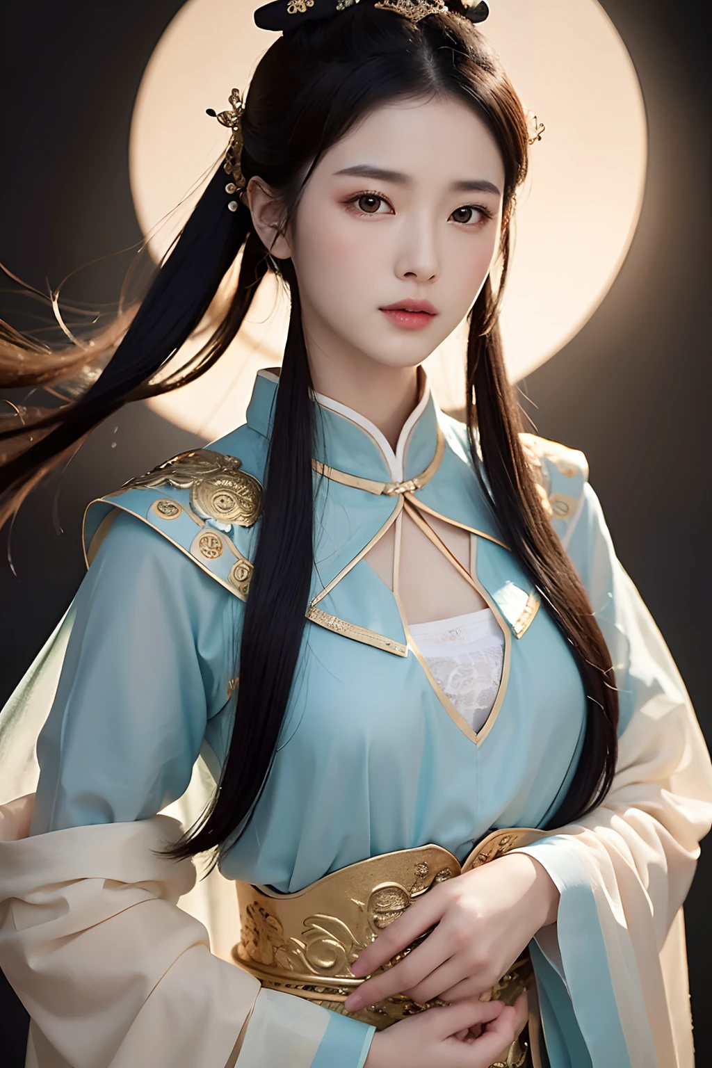 In the center of the screen,World-class master Ji Jian depicts a beautiful and moving oriental girl with his outstanding performance。The girl has long neat hair like a cloud,Delicate facial features,The demeanor is indifferent,Attention to detail and excellence,true to life。She wears the classic costume of flying sky in Dunhuang murals,Colorful outfits,The pattern is delicate and beautiful without losing its fluidity,Showcasing extraordinary design and craftsmanship。The whole portrait pops up on a black ink background,The soft light on the side delicately depicts the silhouette of the girl,Brings out rich layers of light and dark。
This piece is meticulously crafted,Extremely beautiful,The details are perfectly integrated with the whole,There is a spiritual show of oriental beauty,And contemporary,Let people feel the surging inspiration and the pursuit of eternal beauty,It's fascinating。Ji Jian used his outstanding skills to show this wonderful and moving oriental girl,Achieved world-class quality height。This work is one of the outstanding representatives of contemporary visual art。(World-class quality:1.05)