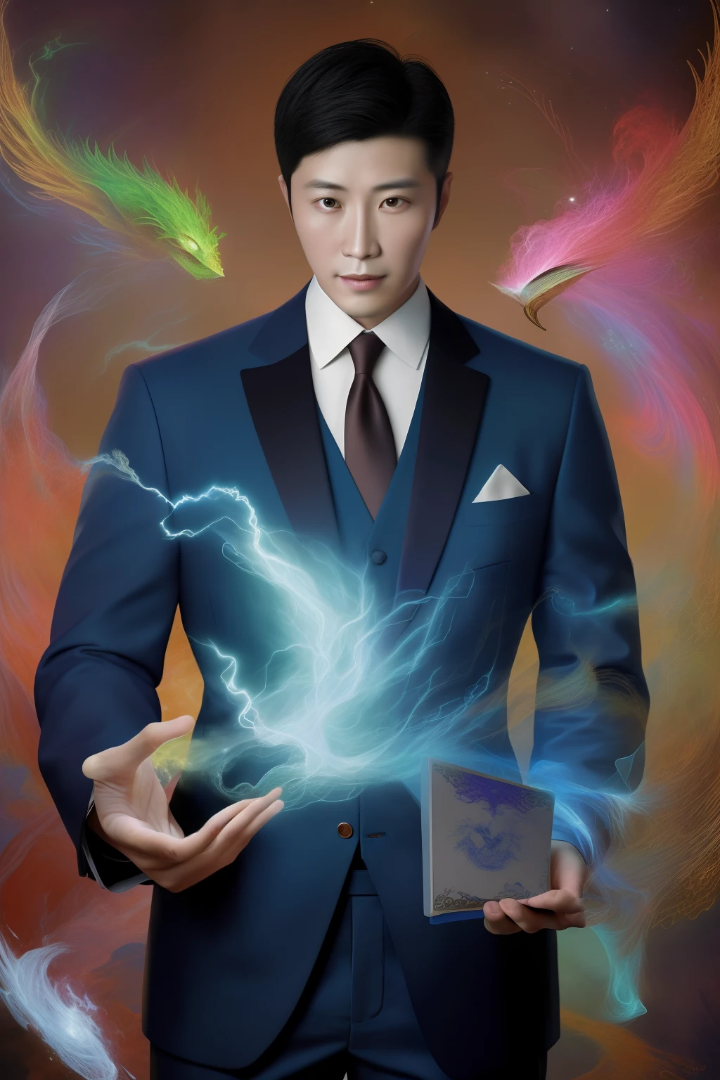 （best qulity，The Masterpiece），（Ultra-detailed colors），A detailed painting depicting A handsome 35-year-old Chinese mature man in a suit surrounded by a flurry of glowing Magic The Gathering cards and the book Dungeons and Dragons in the center.