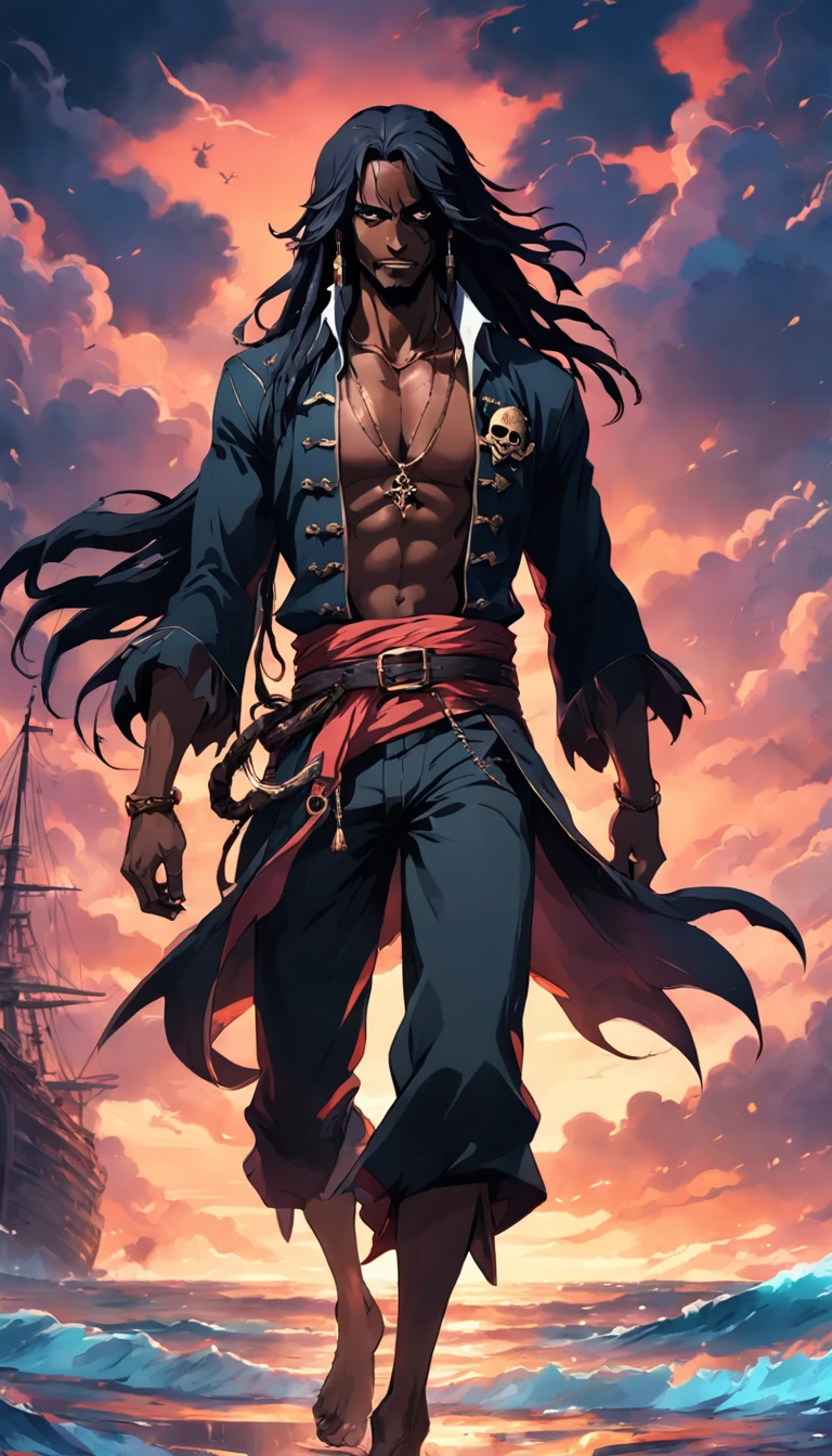 a black skinned pirate guy with long black hairs