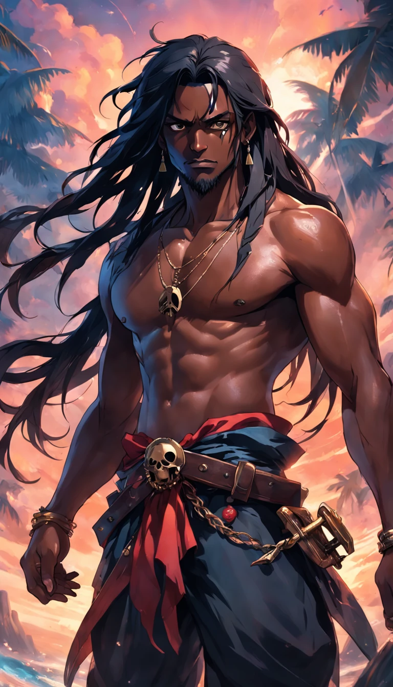 a black skinned pirate guy with long black hairs