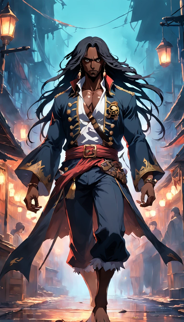 a black skinned pirate guy with long black hairs