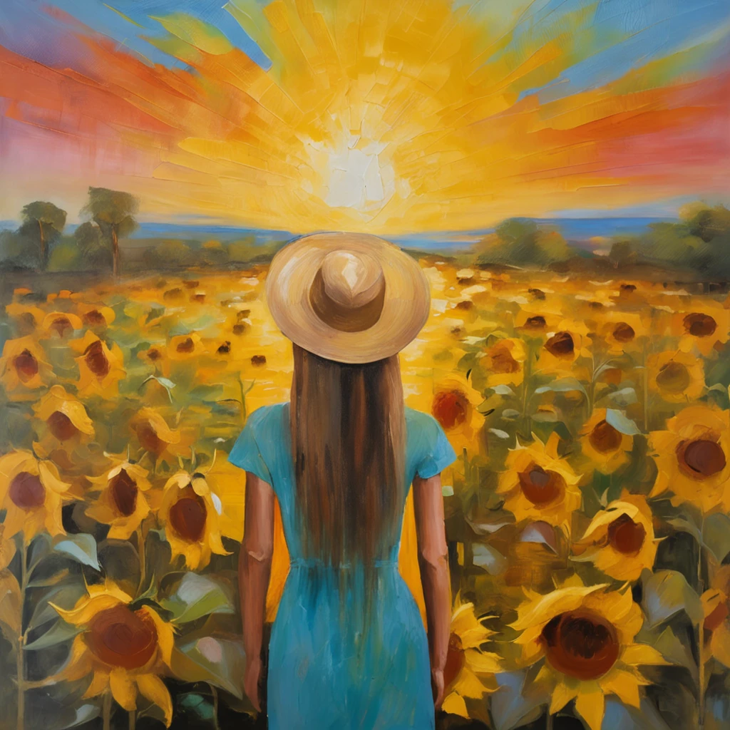 sunflowers fields、Rear view of a beautiful girl、rays of sunshine