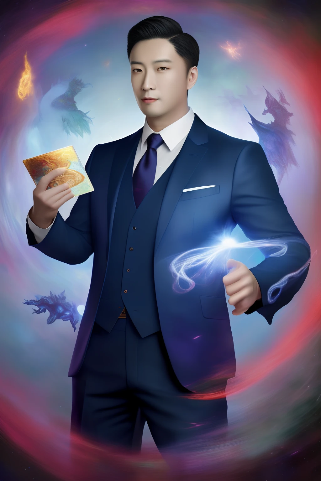 （best qulity，The Masterpiece），（Ultra-detailed colors），A detailed painting depicting A handsome 35-year-old Chinese mature man in a suit surrounded by a flurry of glowing Magic The Gathering cards and the book Dungeons and Dragons in the center.