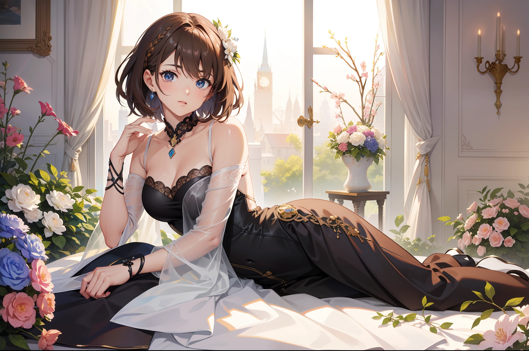 Official Art, Masterpiece European female face, short hair, lightbrown hair, brown eyes , flower garden , (masterpiece、top-quality、hight resolution: 1.4),in 8K, Drawing of a woman with short lightbrown hair, highly detailed exquisite fanart, anime fantasy illustration, clean detailed anime art, detailed anime art, Sharp Focus, Delicate Beautiful Hair and Eyes and Face, realisitic, ultra-detailliert, a beauty girl, sunlight