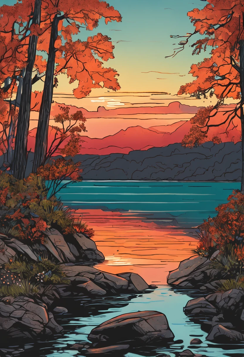 Pa painting of a sunset over a lake, uma pintura de arte de Yvonne Jacquette, deviantart, Pintura de cena americana, Arte no Instagram, pintura detalhada, oil on the canvas