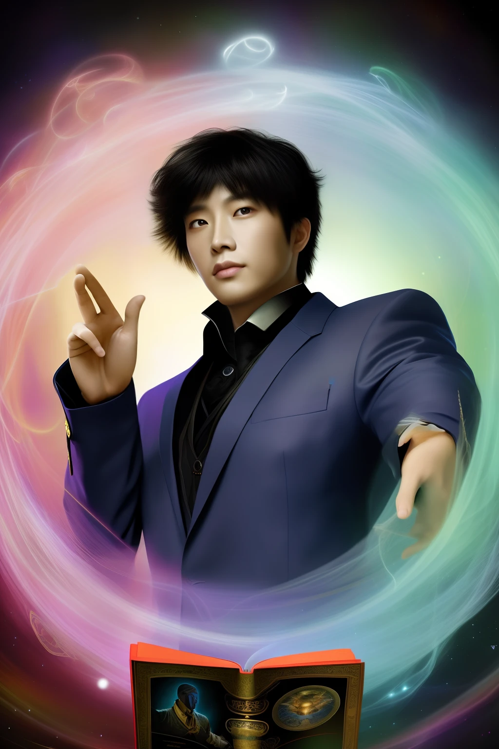 (best qulity,The Masterpiece),(Ultra-detailed colors),A detailed painting depicting A handsome 35-year-old Chinese mature man in a suit surrounded by a flurry of glowing Magic The Gathering cards and the book Dungeons and Dragons in the center.