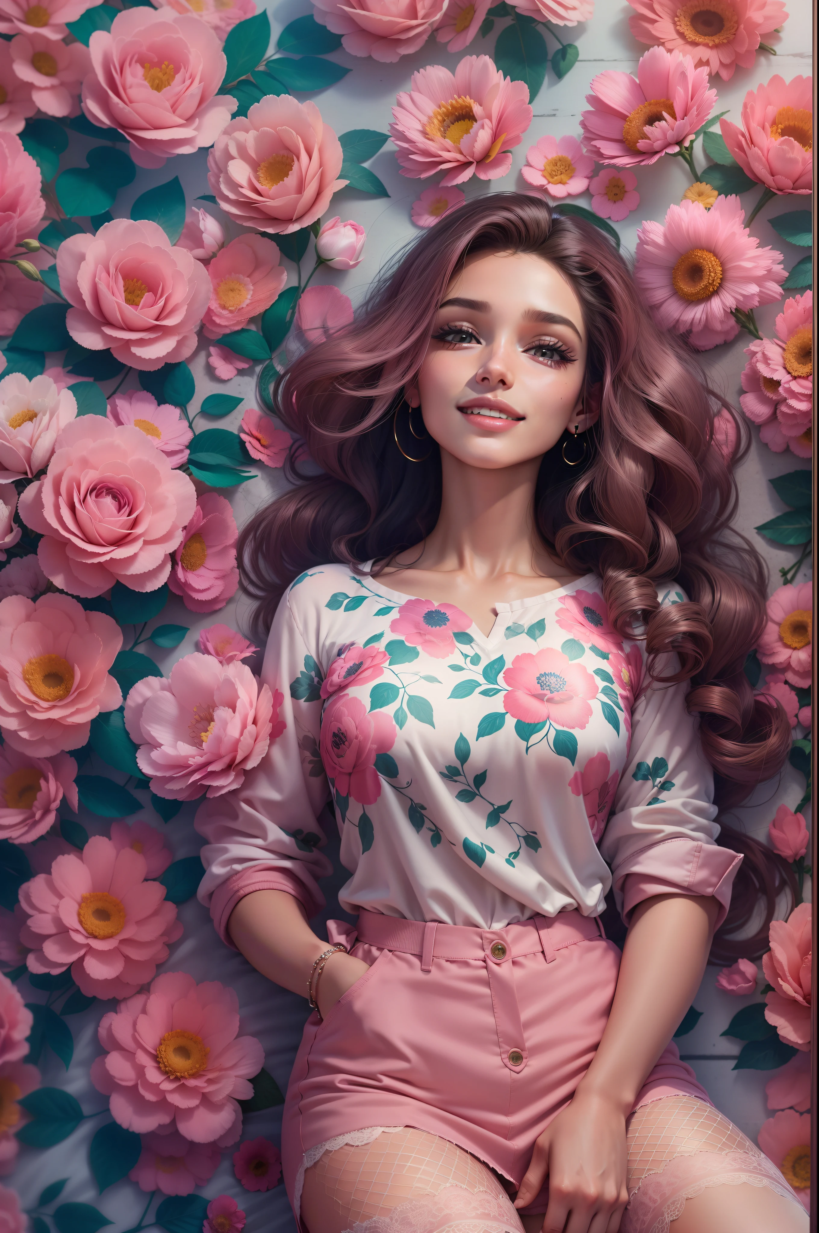 iustração digital, uma mulher feliz com cabelo loiro claro, with bouquet of pink flowers, camisa cor de rosa, Escura, olhos azuis iluminados, sorridente, Enquadramento aberto, corpo inteiro. Estilo Barbie, detalhes sobre roupas. beleza angelical.