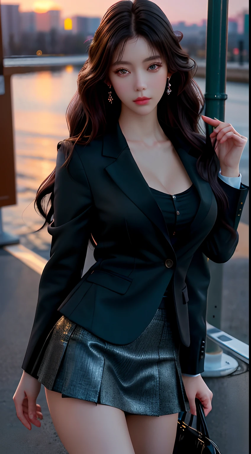 best quality, masterpiece, 1girl, Beautiful face, (photo realistic:1.3), rim lighting, (high detailed skin:1.2), 8k uhd, dslr, high quality, high resolution, 4k, 8k, Bokeh, absurdres, best ratio four finger and one thumb, (realistic:1.3), cute 1girl, wearing black formal blazer, medium breasts, short skirt,