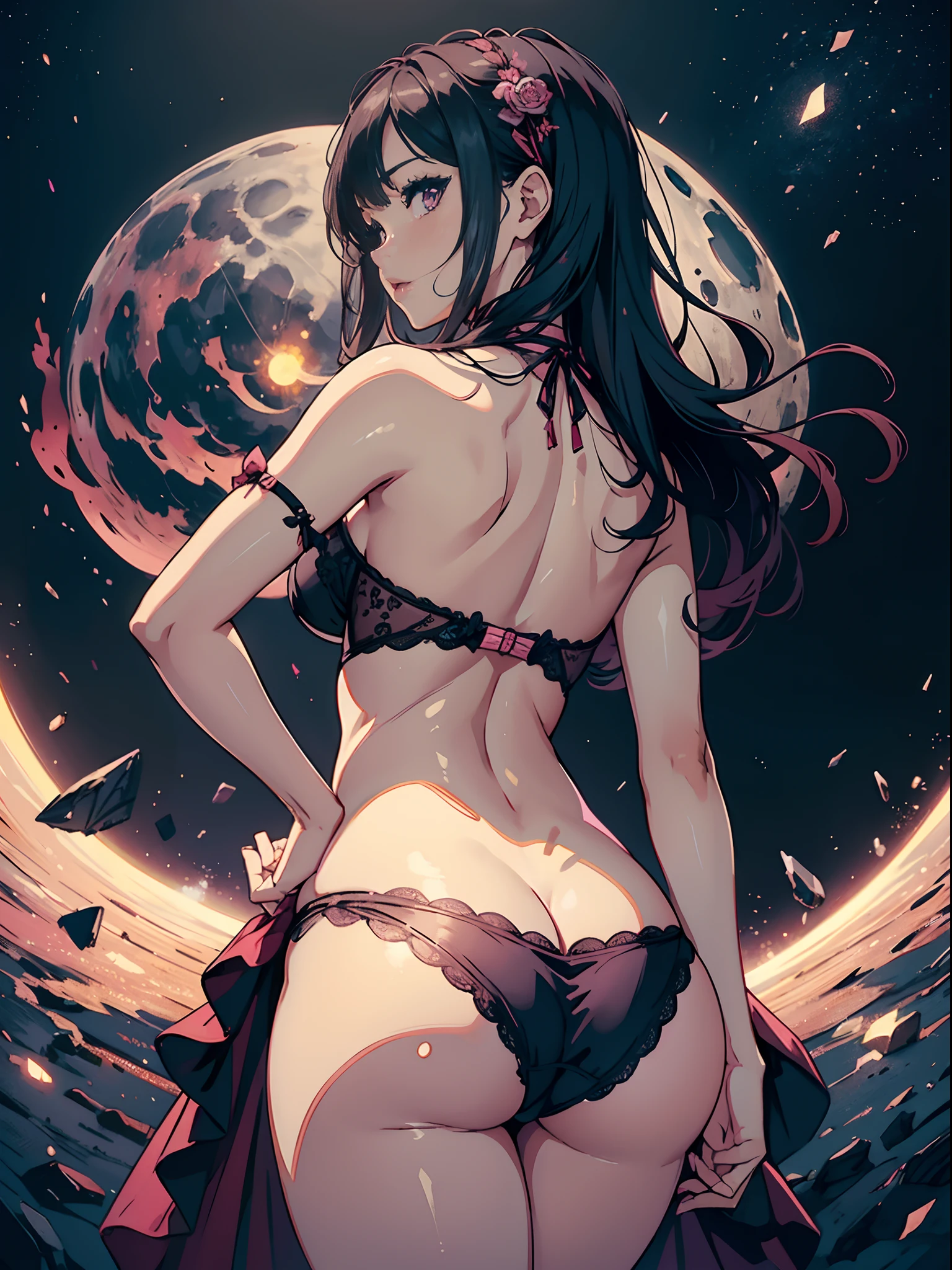 (Female buttocks facing the screen)、(Backward perspective)、A dark-haired、((pink seduction background))、A sexy、Busty body、a closeup、petticoat、babydoll、(Luxury underwear)、(Erotic Lingerie)、top-quality、Red face、Turn around、8K、moonlights、superclear、Full of charm、masterpiece、high detailing、beatiful backgrounds、Detailed drawing、