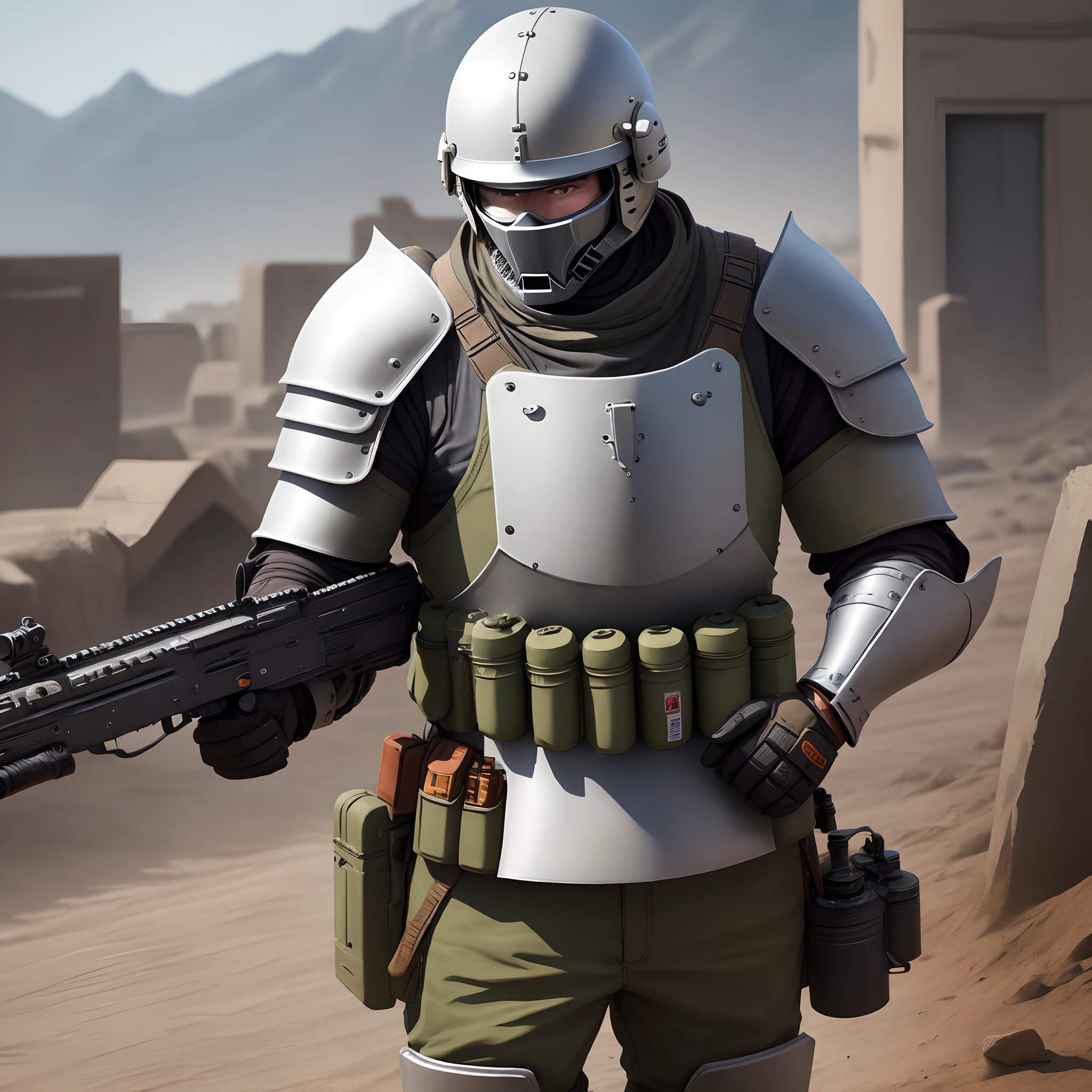 Wearing an Altyn helmet, wearing 6B43 heavy body armor, and holding an RP K16 light machine gun
