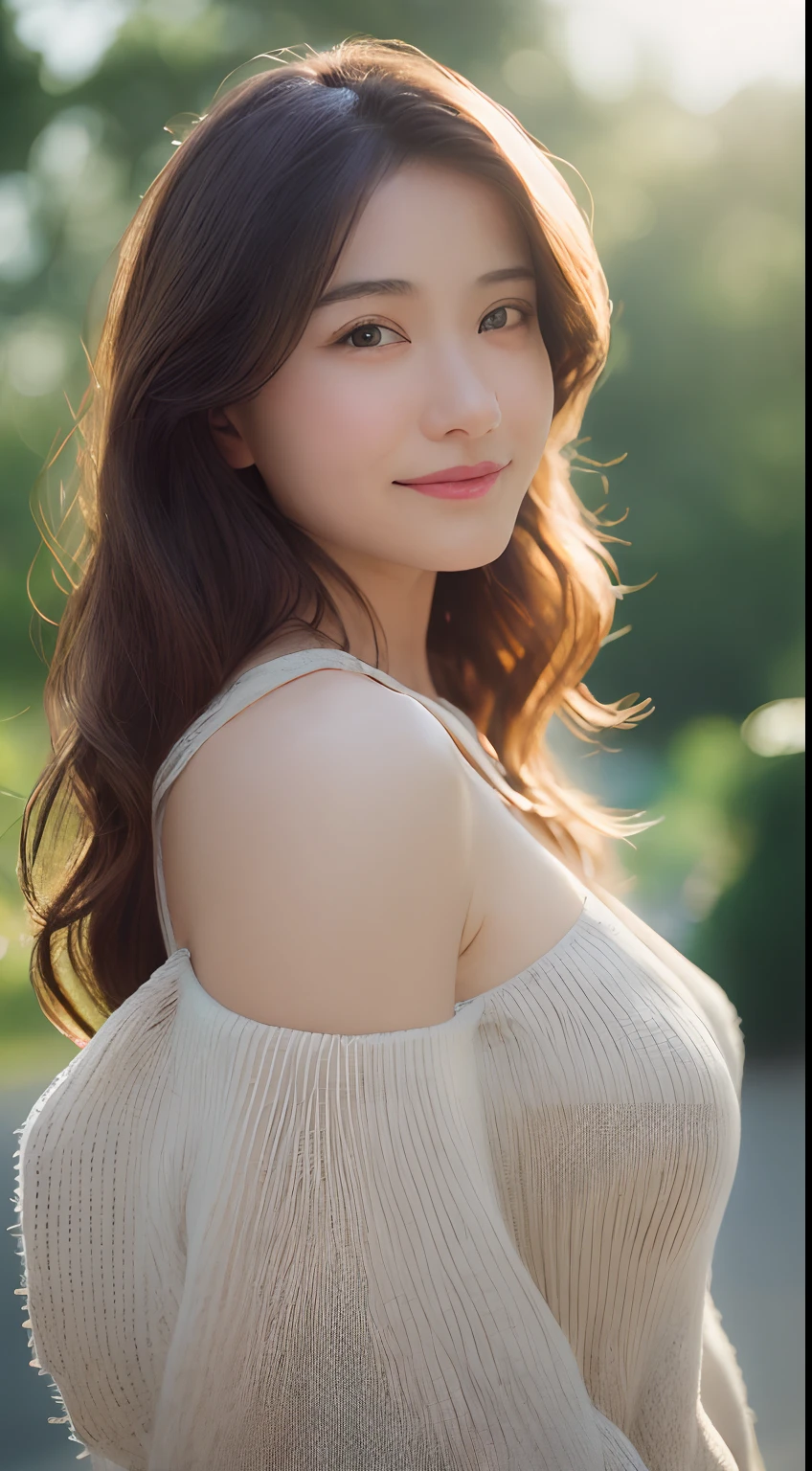 Petite woman with brown hair, 22 years old、Standing whole body、Streets of Tokyo、off shoulder blouse、goddes、bloom、lensflare、Smile here(8K、raw、proffesional、top-quality、masterpiece:1.2)、(realisitic、Photorealsitic:1.37)、ultra-detailliert、(25mm portrait front view)、(Highest Details Skins:1.2)、(Supreme Detail Face:1.2)、Cinematographic lighting、1womanl、japanes、long wavy brown hair、(Windy)、Walking on a street corner、Warm natural light、A smile on your cheek、shot from front、((top-quality、8K、masterpiece:1.3))、Beautiful woman with perfect figure:1.4、Slender Abs:1.3、((dark brown hair、beautiful boob:1.2))、Highly detailed facial and skin texture、A detailed eye、二重まぶた、(Focus、foco nítido:faces)、Beautiful and sexy、is standing、Staring at me、Beautiful body lines、abdominals、jeans pants、White heels、Off-shoulder knitwear