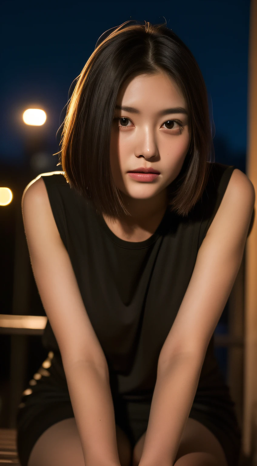 Sitting with Knees Up、Woman looking at night view、short-hair、(Colossal tits:1.3)、(masterpiece、top-quality)、((20 year old woman:1.2))、Young adorable Japan face, dewy skin, Soft portrait shots,8K