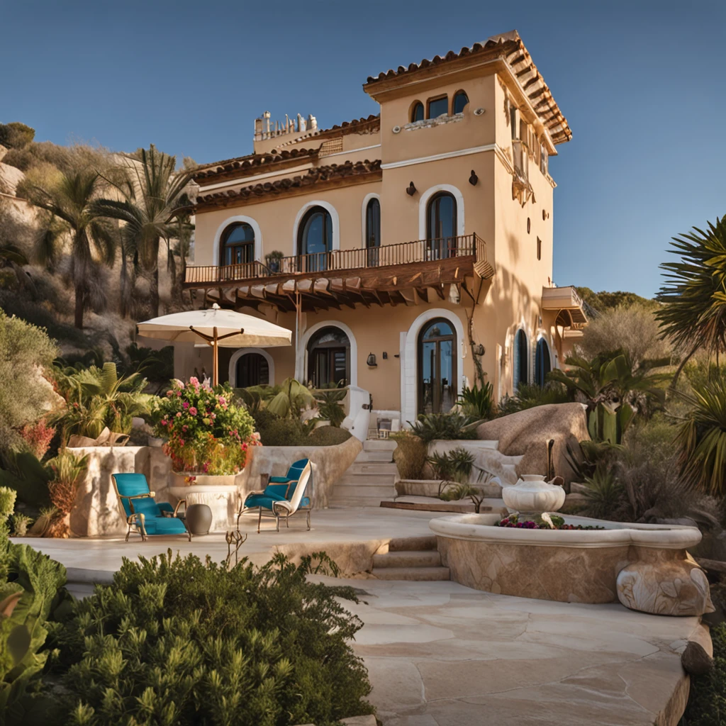 he villa's exterior is a masterpiece of Mediterranean design, with stucco walls and a cement tile roof. Lush landscaping, palm trees, and vibrant flowers complement the grand entrance. located on a cliff facing the Mediterranean. Photographed using a Canon EOS R5 with a 50mm lens, capturing the villa's architectural brilliance and surrounding beauty