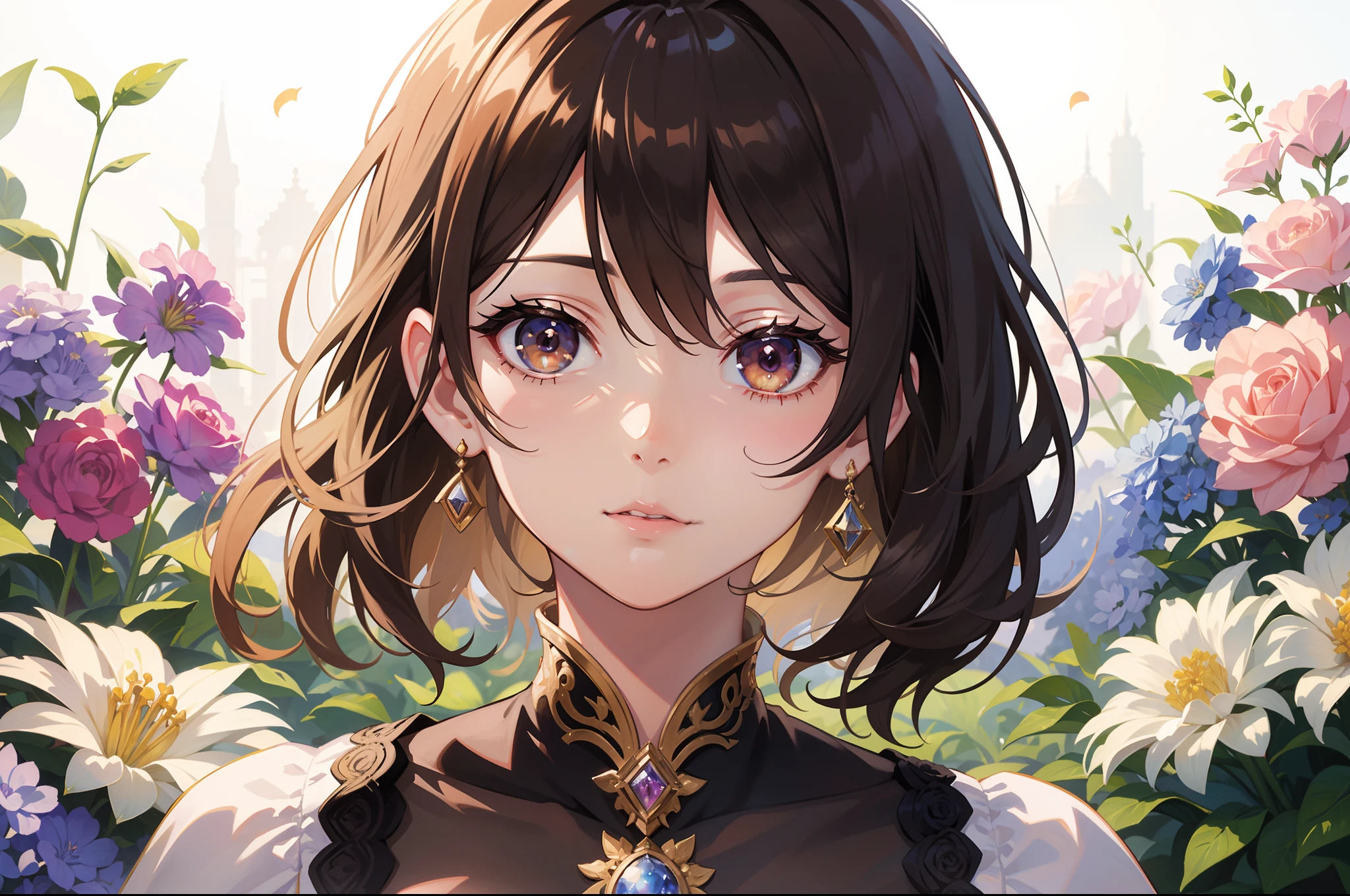 Official Art, Masterpiece European female face, short hair, lightbrown hair, brown eyes , flower garden , (masterpiece、top-quality、hight resolution: 1.4),in 8K, highly detailed exquisite fanart, anime fantasy illustration, clean detailed anime art, detailed anime art, Sharp Focus, Delicate Beautiful Hair and Eyes and Face, realisitic, ultra-detailliert, a beauty girl, sunlight