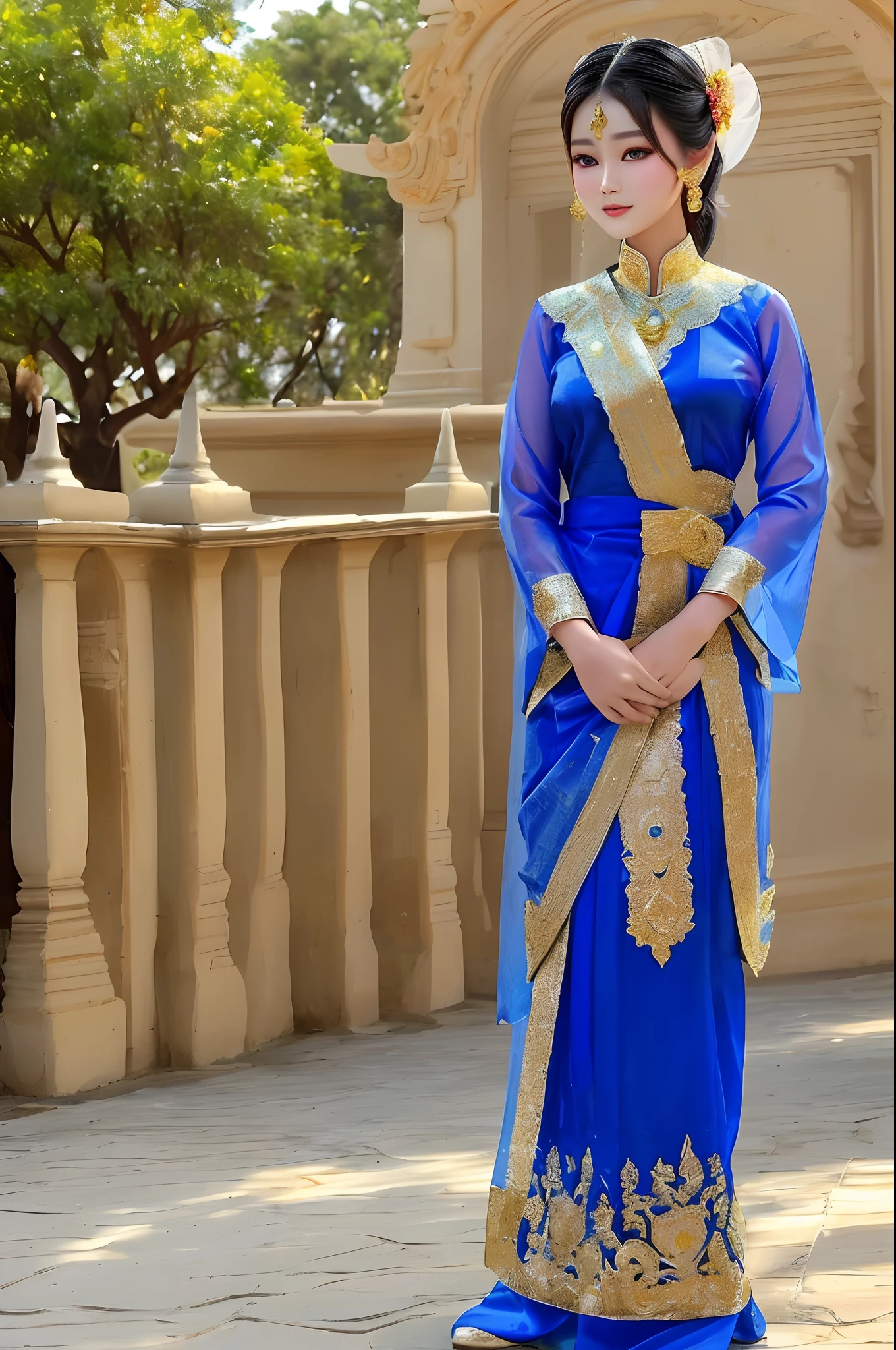 Realistic, Authentic, Masterpiece, Beautiful and amazing , Myanmar traditional costume, Beautiful 25 yo girl, Detal Face,((( Ultra-realistic skin texture))), Super realistic eye detail skin , Ultra-realistic photo shooting, Full body shot. glamorous dresses, Beautiful standing posture.