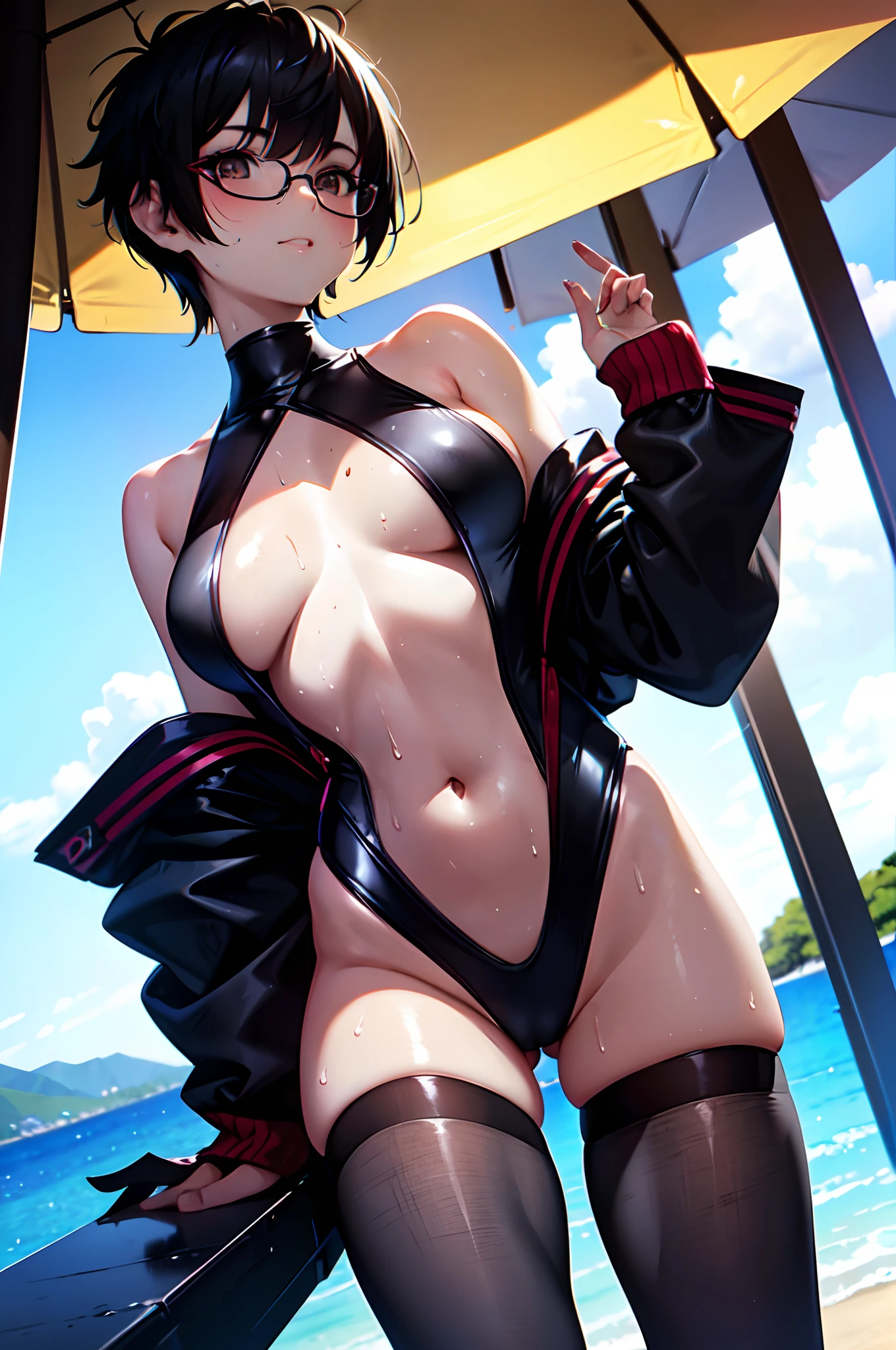 transcendently beautiful girl, BREAK, big mouth open and laughing, long eyelashes, makeup, (pixie cut hair), (black hair, short shaved sides, very short back, very short side, under cut, side cut:1.3), (flat_chest, huge_breasts, wide_hips), BREAK, (glasses), (Sweat), (Leotard Swimsuit Exposing Cleavage and Navel), (bare limbs), summer, sandy beach, Masterpiece, best quality, captures a super cute moment, depth of field, ultra detailed, ultra high resolution, C4D, Octadale, 3D modeling, 8k, 16k,