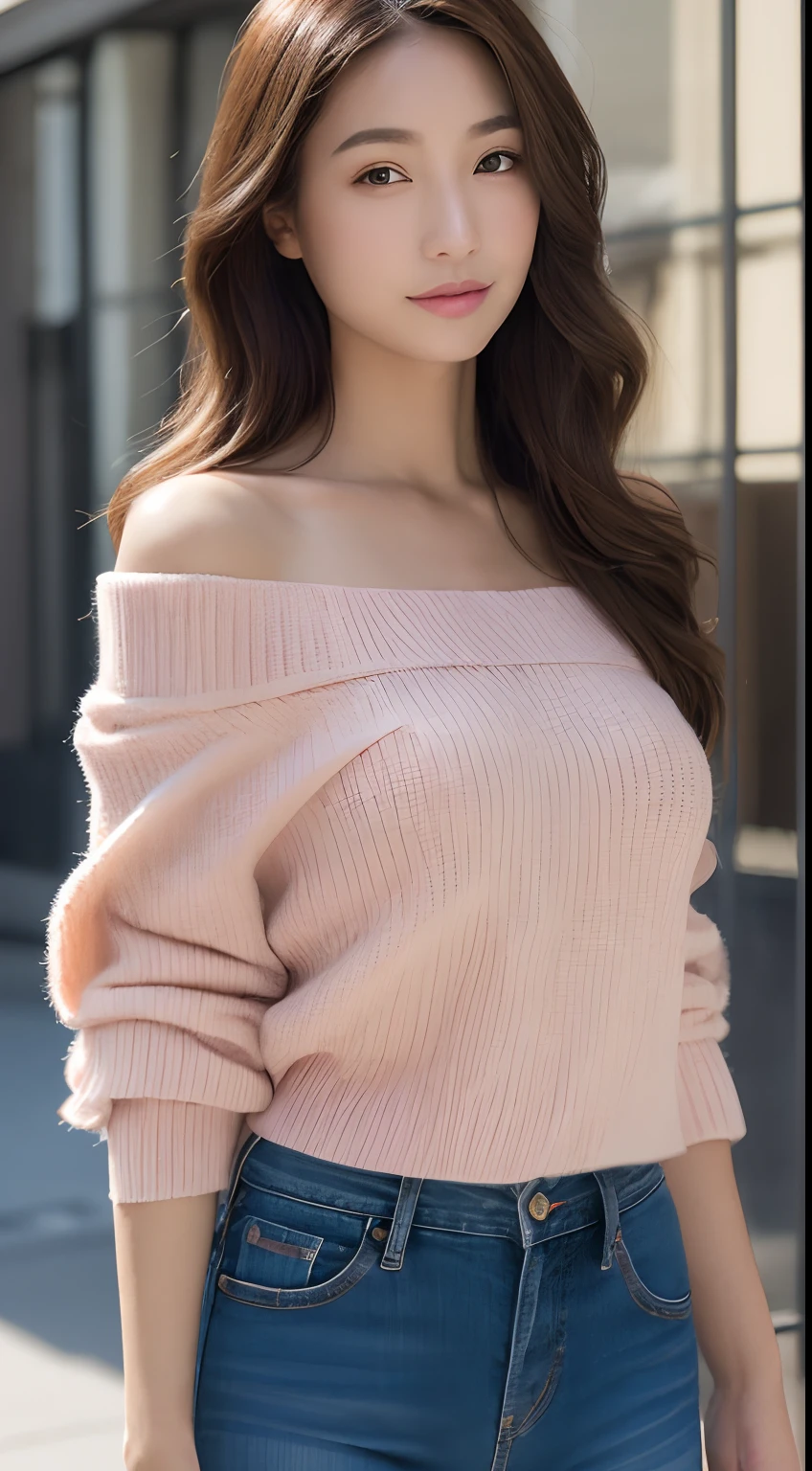 Petite woman with brown hair, 20 years old、Standing whole body、Streets of Tokyo、off shoulder blouse、goddes、bloom、lensflare、Smile here(8K、raw、proffesional、top-quality、masterpiece:1.2)、(realisitic、Photorealsitic:1.37)、ultra-detailliert、(25mm portrait front view)、(Highest Details Skins:1.2)、(Supreme Detail Face:1.2)、Cinematographic lighting、1womanl、japanes、long wavy brown hair、(Windy)、Walking on a street corner、Warm natural light、A smile on your cheek、shot from front、((top-quality、8K、masterpiece:1.3))、Beautiful woman with perfect figure:1.4、Slender Abs:1.3、((dark brown hair、beautiful boob:1.2))、Highly detailed facial and skin texture、A detailed eye、二重まぶた、(Focus、foco nítido:faces)、Beautiful and sexy、is standing、Staring at me、Beautiful body lines、abdominals、Jeans pants、White heels、Wearing pink-off shoulder knit、Beautuful Women、From head to foot