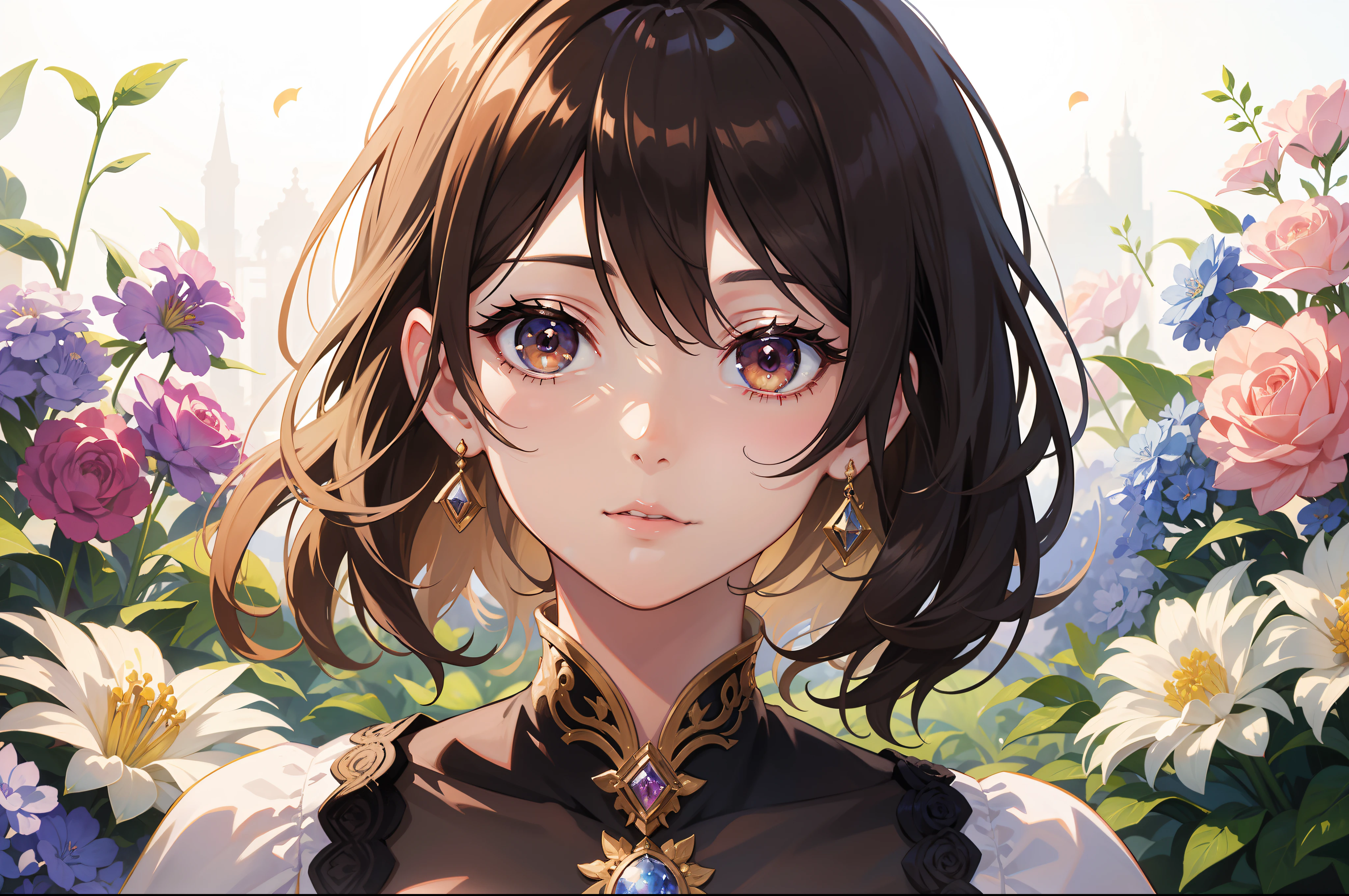 Official Art, Masterpiece European female face, short hair, lightbrown hair, brown eyes , flower garden , (masterpiece、top-quality、hight resolution: 1.4),in 8K, highly detailed exquisite fanart, anime fantasy illustration, clean detailed anime art, detailed anime art, Sharp Focus, Delicate Beautiful Hair and Eyes and Face, realisitic, ultra-detailliert, a beauty girl, sunlight