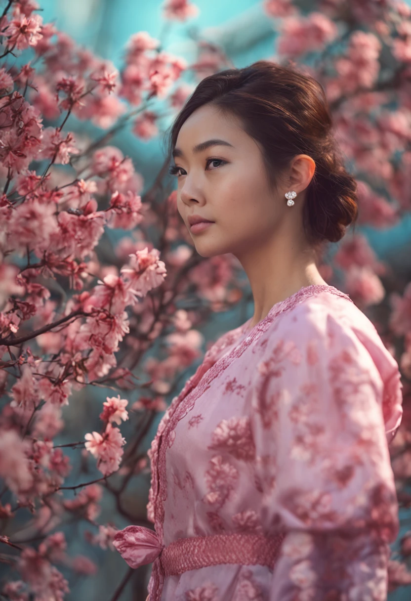 menina asiatica bonita de olhos azuis ultrarealista qualidade superior, em 8K vestindo camisa rosa