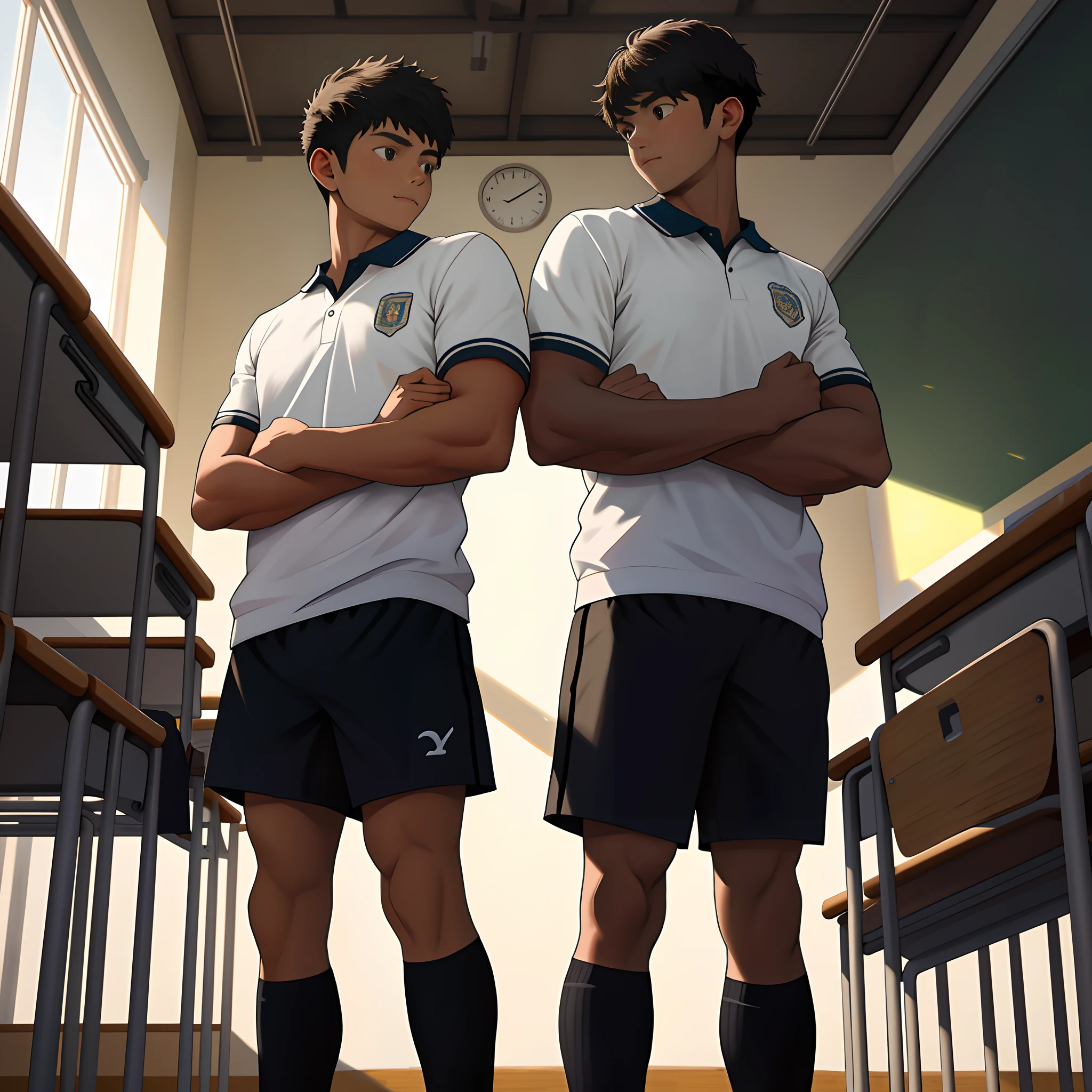 2children from , Parlero, dentro, (obra maestra, La mejor calidad, absurdos ), escuela,Classroom two shirtless kids are in school have sweatpants looking into each other's eyes sadly are in the sports room