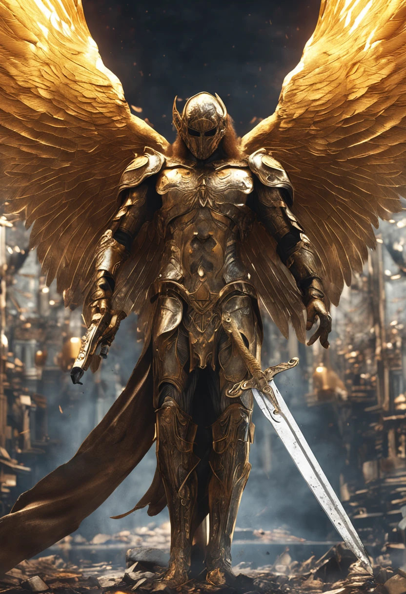 Ultra-realistic angelic figure: A golden angel with wings spread with a sword of fire in his hand in an apocalyptic setting and with dark smoke