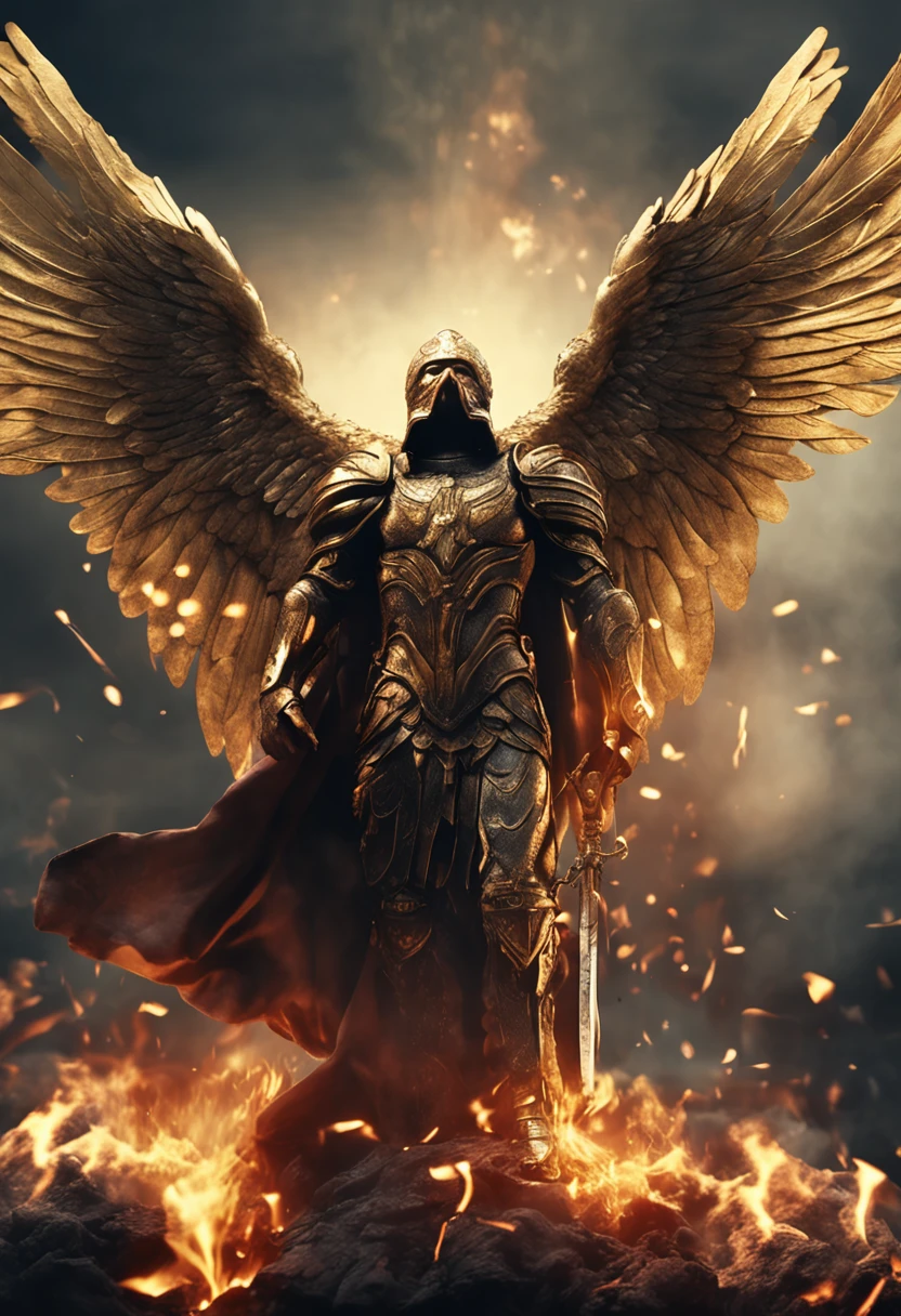 Ultra-realistic angelic figure: A golden angel with wings spread with a sword of fire in his hand in an apocalyptic setting and with dark smoke