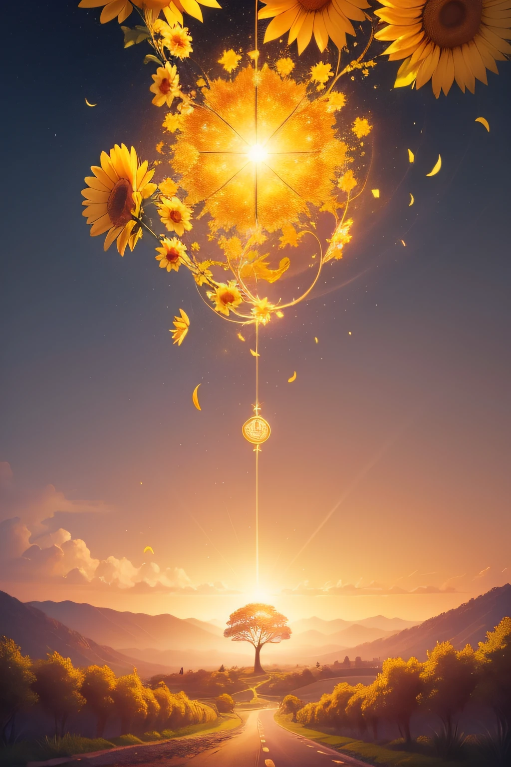 "Desenvolva uma imagem inspiradora que represente pensamentos positivos para a prosperidade. Pense em elementos que simbolizam crescimento, Success and abundance. You can include elements such as blooming flowers, a leafy tree laden with fruit, golden coins falling from the sky or even an endless road surrounded by a bright backdrop. Use bright, vibrant colors to convey the sense of optimism and continued growth. Remember that the image should evoke a sense of hope and positivity when someone contemplates it."