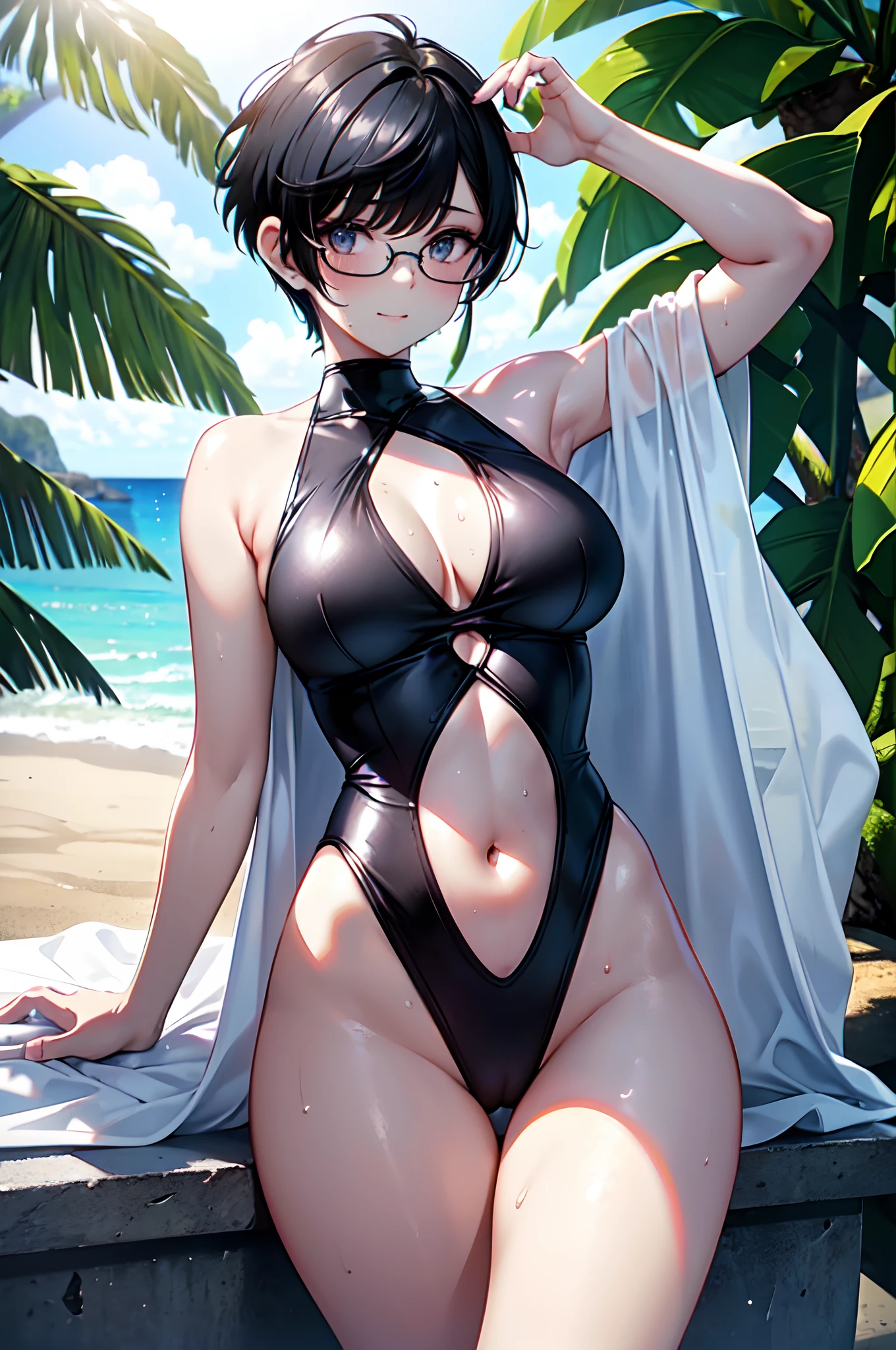 transcendently beautiful girl, BREAK, big mouth open and laughing, long eyelashes, makeup, (pixie cut hair), (black hair, short shaved sides, very short back, very short side, under cut, side cut:1.3), (flat_chest, huge_breasts, wide_hips), BREAK, (glasses), (Sweat), (Leotard Swimsuit Exposing Cleavage and Navel), (bare limbs), summer, sandy beach, Masterpiece, best quality, captures a super cute moment, depth of field, ultra detailed, ultra high resolution, C4D, Octadale, 3D modeling, 8k, 16k,