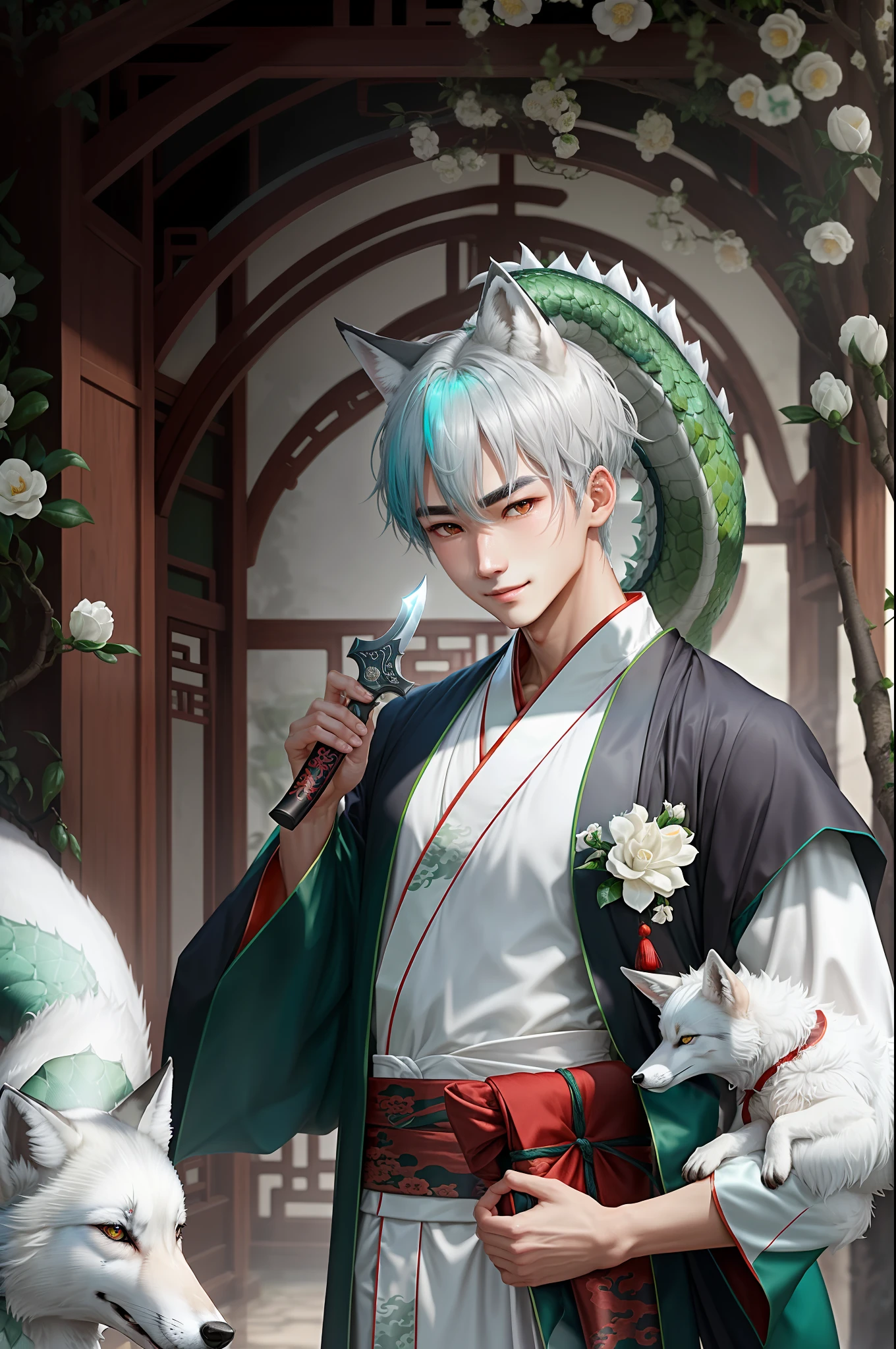 Short conspicuous silver hair，The dark cyan eyes contain a wireless style，Straight nose and thin lips，Willow eyebrows，There was a smile on his lips，Soft bangs flick in front of the forehead。The limbs are sound and slender，Dressed in a gardenia green robe and a Chinese costume，He was carrying a Green Dragon Moon Knife in his hand，There is a white fox next to him