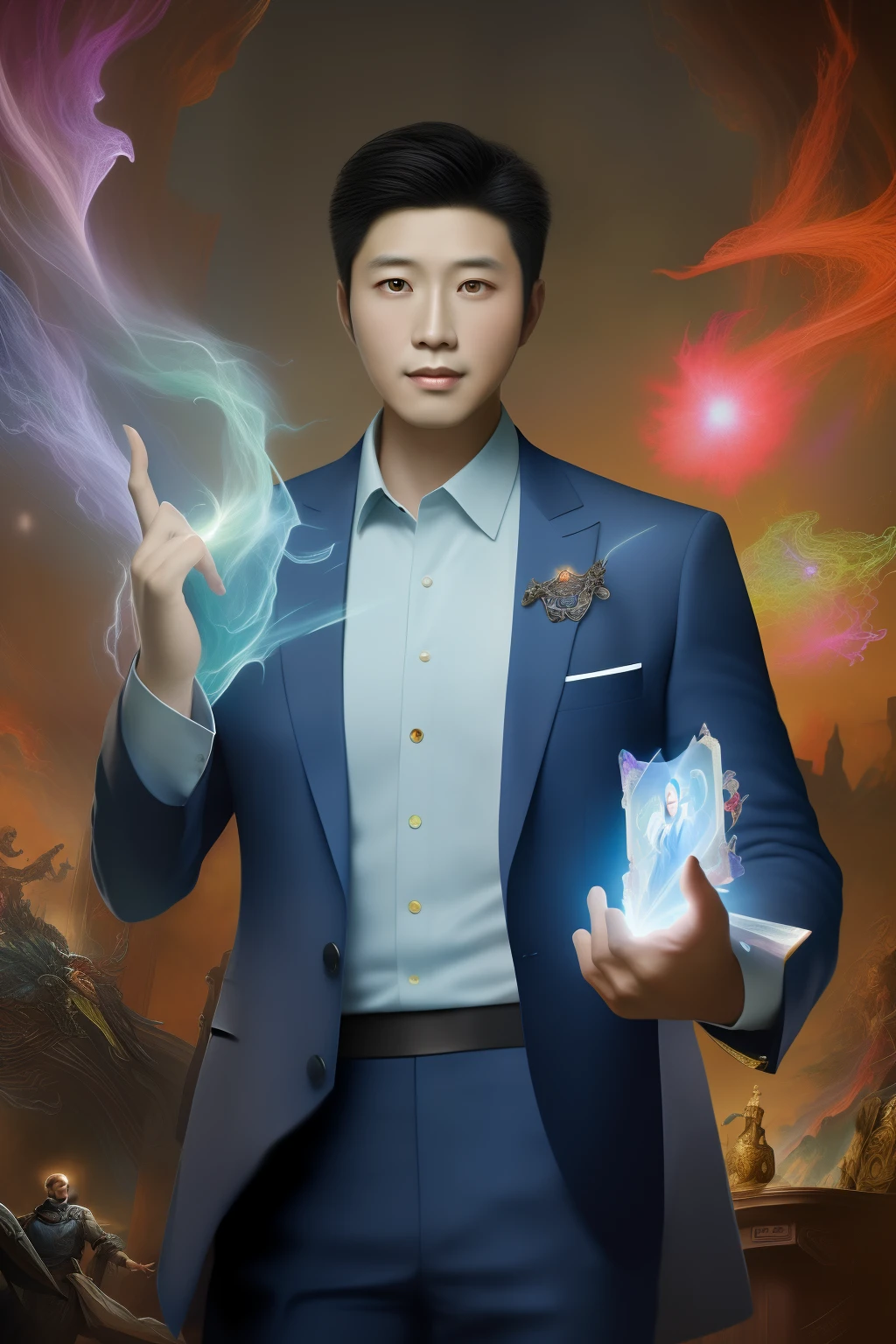 （best qulity，The Masterpiece），（Ultra-detailed colors），A detailed painting depicting A handsome 35-year-old Chinese mature man in a suit surrounded by a flurry of glowing Magic The Gathering cards and the book Dungeons and Dragons in the center.