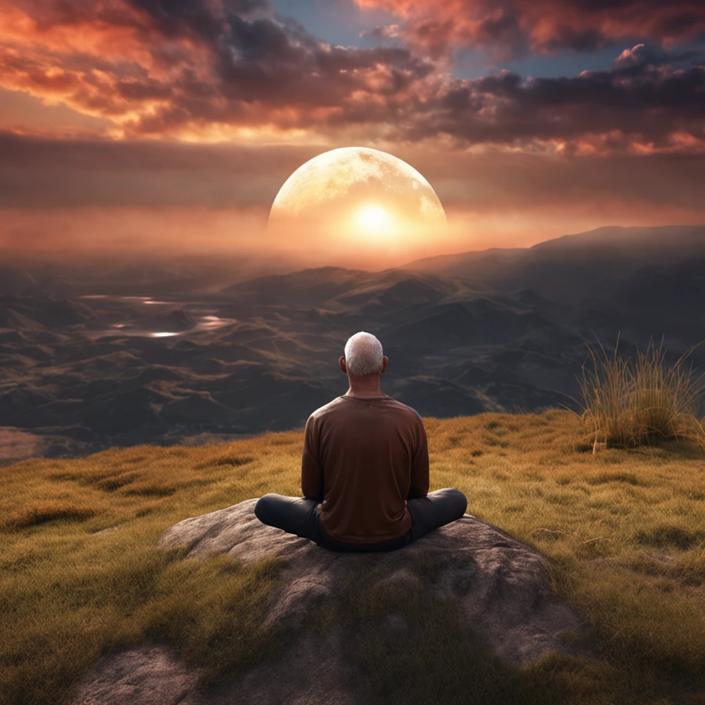 Mature man sitting in meditation position, contemplando um horizonte lindo com o sol se pondo, Man is in deep connection with the divine, The landscape is ultra detailed, homem ultra realista, tudo bem detalhado e lindo, ultra qualidade. 8k de realismo