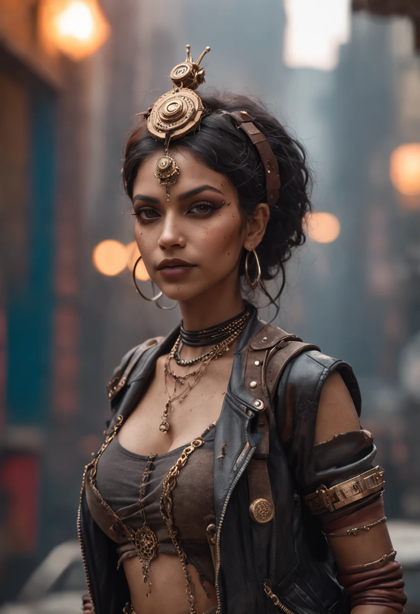 There's a sexzy indian 1woman with a steam-powered dusky skin, with big boobs,Royal look, arte conceitual street punk, sexzy full body view top to bottom, seated on queen chair, low angle , slim body, breathtaking beauty, vibrant, comprehensive cinematic, 8k, cinematic lighting, best quality, 4k,fog background ,arte street punk digital, arte street punk urban city area, Wojtek FUS, arte digital steampunk, detailed wild steampunk illustration, Portrait of a gold and copper chained woman, arte street punk, estilo de arte dieselpunk, cyberpunk street punk, estilo de fantasia street punk, Arte digital altamente detalhada em 4k, sci-fi street punk,clear relastic eyes