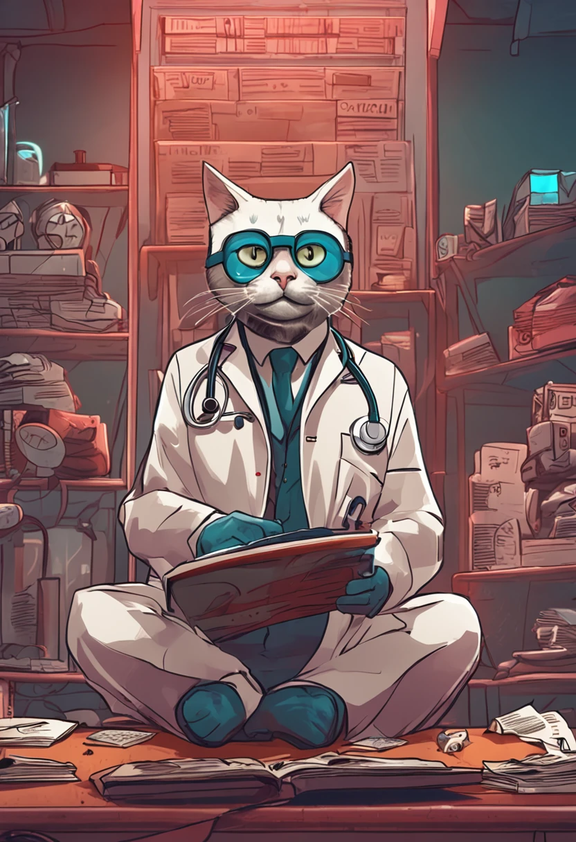 Wear a mask，Wearing a doctor's white coat，Humanoid cat，Hold a scalpel