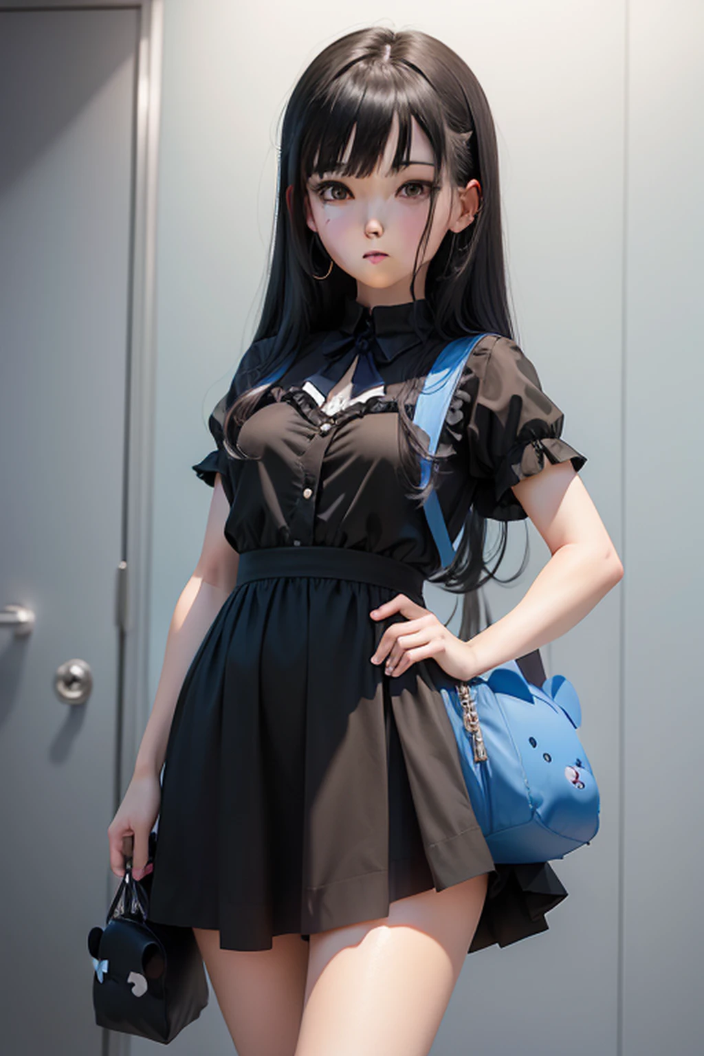 Anime girl with black hair and blue shirt holding a white teddy bear, an anime drawing by Shitao, Pisif, Process art, Anime moe art style, small curvaceous , Cute anime girl, cute kawaii girls, Cute anime, ecchi anime style, anime visual of a cute girl, Smooth anime CG art, lolidress, Anime girl