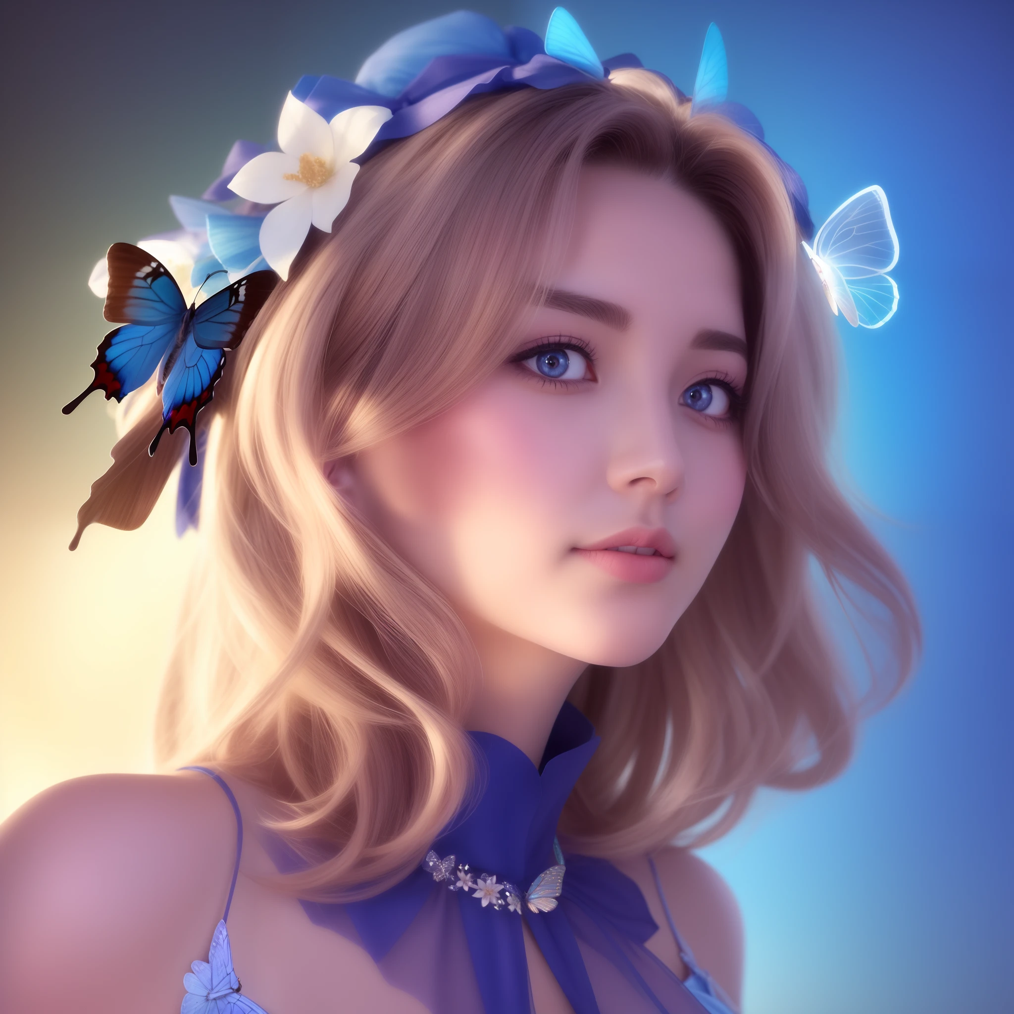 a close up of a woman with a blue dress and a butterfly, extremely detailed artgerm, fantasy art style, artgerm detailed, style of artgerm, artgerm. high detail, beautiful face, very beautiful, 8K, 32K, ultra detail, extremely quality, best quality, best quality, cute nose, realistic, looking ahead, beautiful eye, big eyes, little smile