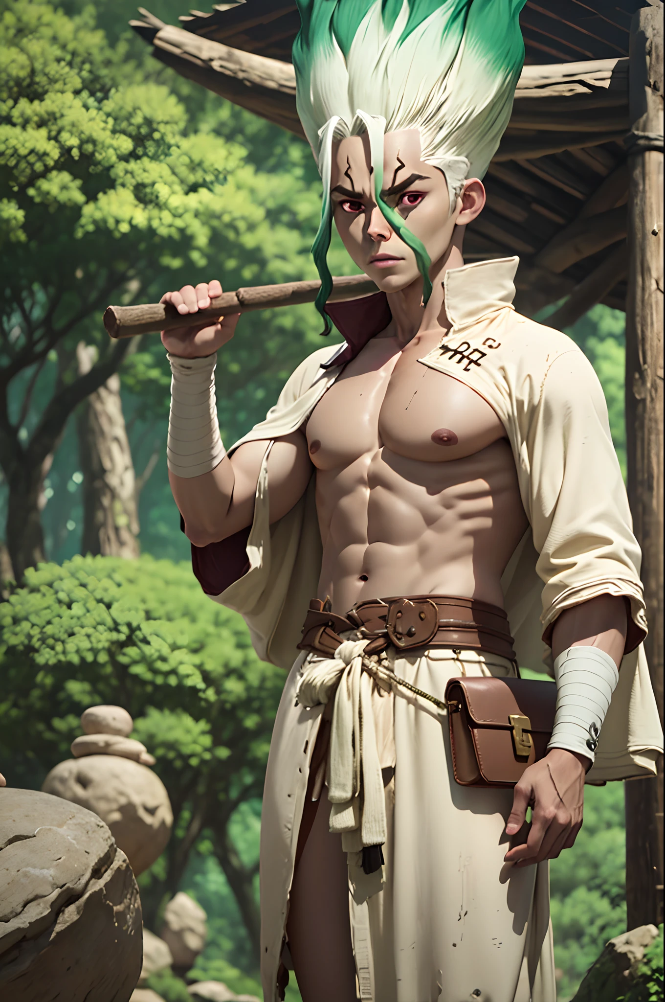ishigami_senkuu, dr. stone, gradient hair from white to green, leather white robe, ancient waist bag, primitive boots, white cloth around the wrist, stone age, clay forge, stone axe, stone hammer, masterpiece, intricate detailed, hyperrealistic, cinematic, 8K, perfect composition, high contrast, highres, unreal engine 5, cinematic light, professional lighting,