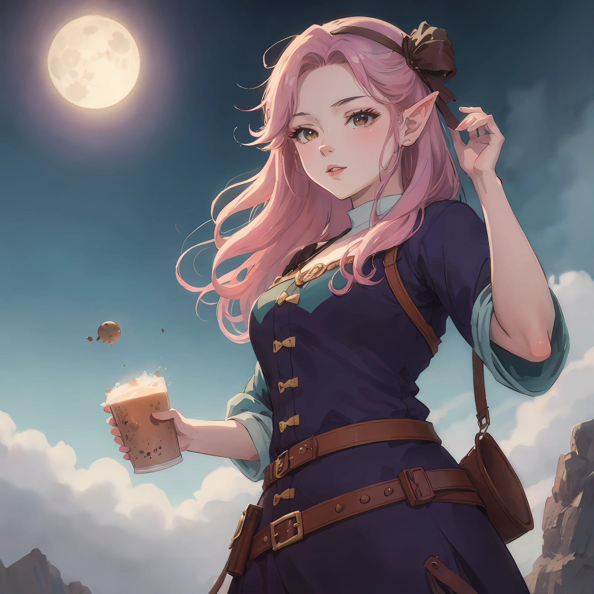 Anime girl with pink hair holding a cup of coffee in front of a full moon,  elfa, Art not Guweiz style, anime em estilo fantasia, Um retrato de um elfo, anime fantasy illustration, fanart detalhado, retrato do livro do RPG, cushart krenz arte chave feminina, estilo de arte de fantasia, Retrato de um elfo, Astri Lohne