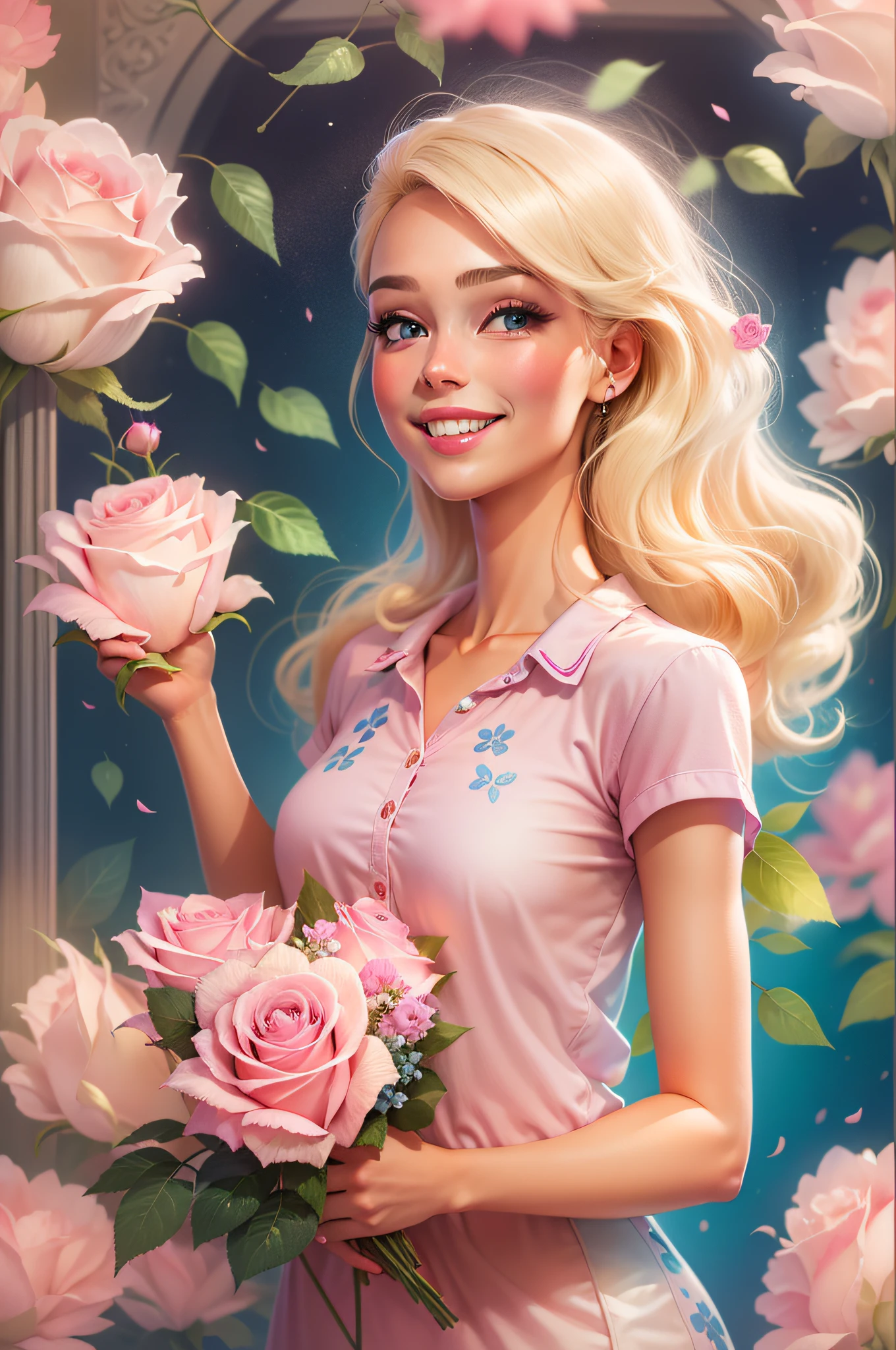 digital illustration, a happy girl with light blonde hair, holding a bouquet of rose flowers, pink shirt, dark, lit blue eyes, smiling, open frame, full body. Barbie style, clothing details. angelic beauty.
