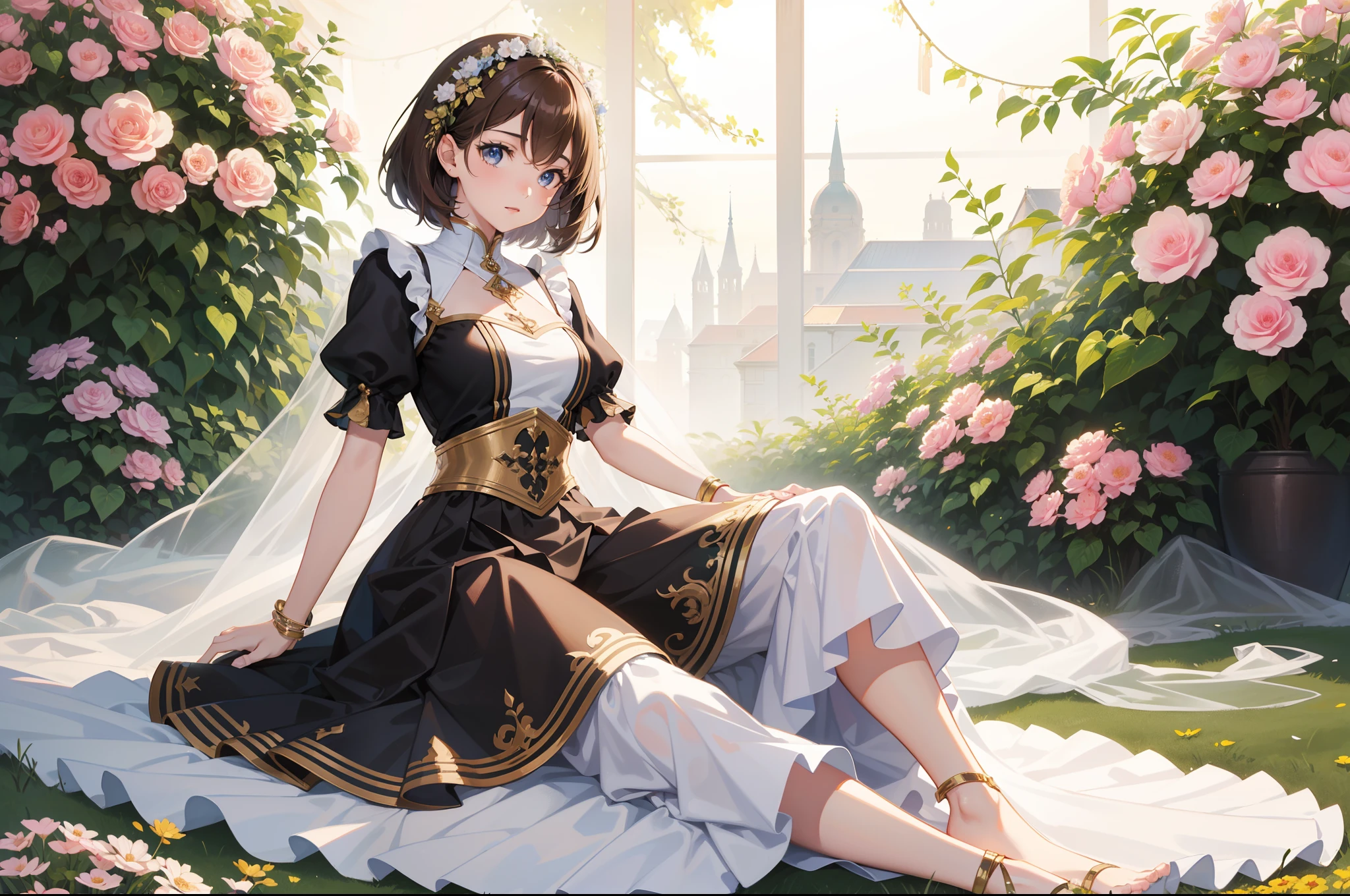Official Art, Masterpiece European female face, short hair, lightbrown hair, brown eyes , flower garden , (masterpiece、top-quality、hight resolution: 1.4),in 8K, Drawing of a woman with short lightbrown hair, brown eyes, highly detailed exquisite fanart, anime fantasy illustration, clean detailed anime art, detailed anime art, Sharp Focus, Delicate Beautiful Hair and Eyes and Face, realisitic, ultra-detailliert, a beauty girl, sunlight, fullbody