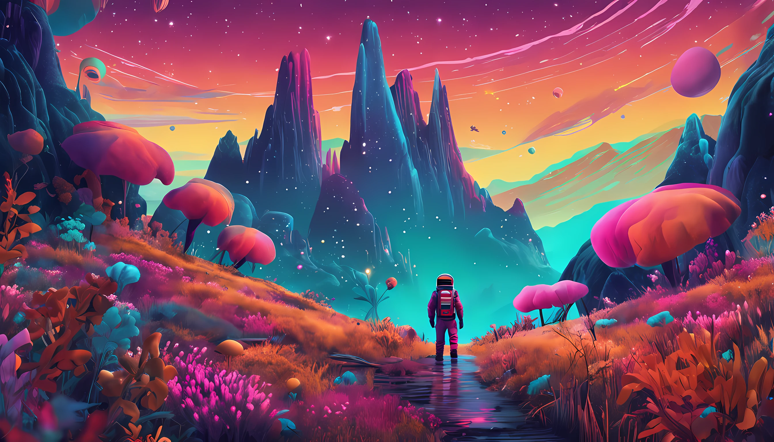 A lone astronaut explores a distant planet covered in a mesmerizing tapestry of colorful flowers and lush forests. As the stars twinkle above, the landscape is bathed in an otherworldly glow that defies imagination