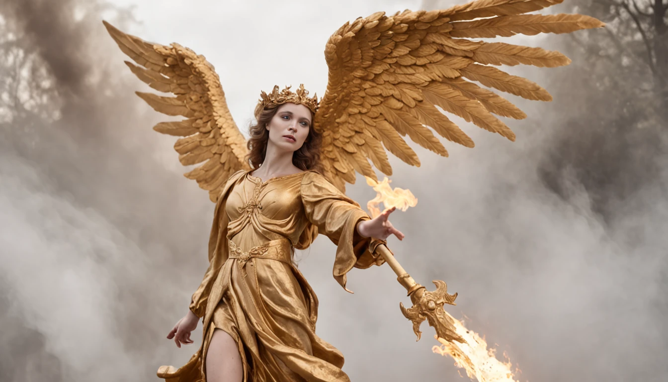 Ultra-realistic angelic figure: A golden angel with wings spread with a fiery sword in his hand in a gloomy, dark smoke setting