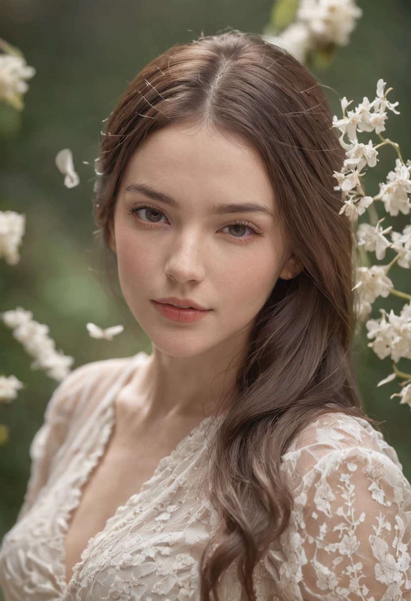 Light and airy, 8K, Brunette girl in elegant pose, , Butterflies are around, Realistic texture, Dynamic composting, Fujifilm XT3, 85mm F1.2, 1/80 shutter speed, High contrast