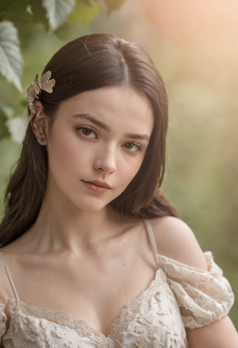 Light and airy, 8K, Brunette girl in elegant pose, , Butterflies are around, Realistic texture, Dynamic composting, Fujifilm XT3, 85mm F1.2, 1/80 shutter speed, High contrast