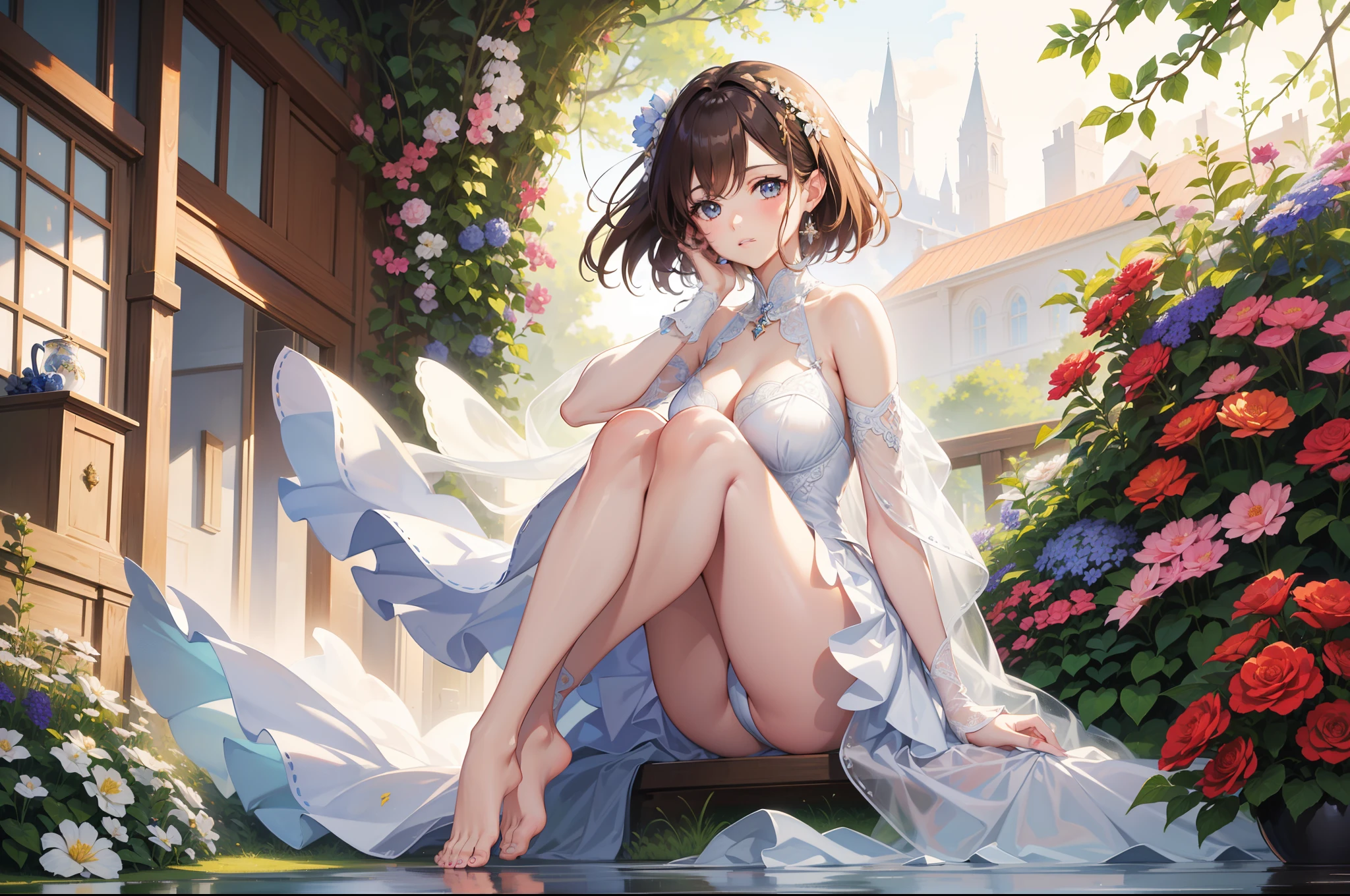 Official Art, Masterpiece European female face, short hair, lightbrown hair, brown eyes , flower garden , (​masterpiece、top-quality、hight resolution: 1.4),in 8K, Drawing of a woman with short lightbrown hair, brown eyes, highly detailed exquisite fanart, anime fantasy illustration, clean detailed anime art, detailed anime art, Sharp Focus, Delicate Beautiful Hair and Eyes and Face, realisitic, ultra-detailliert, a beauty girl, sunlight, fullbody