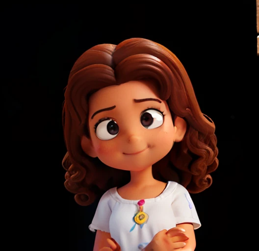 Bonita pequena professora de 8 anos de idade, huge head, pele marrom, pele fina lisa, dark brown curly and curly shoulder-length hair, olhos castanhos altamente detalhados, frontalidade, olhando para frente, gordura, usando avental de professora vermelha, desgaste casual, humor sorriso angelical, whole body view, Highly detailed hands, figuras de brinquedo, melhor qualidade, desenhos animados 3d, whole body view, fantasia, sonho, surrealismo, super bonita, trending in the artstation, Gradiente cinza de plano de fundo.