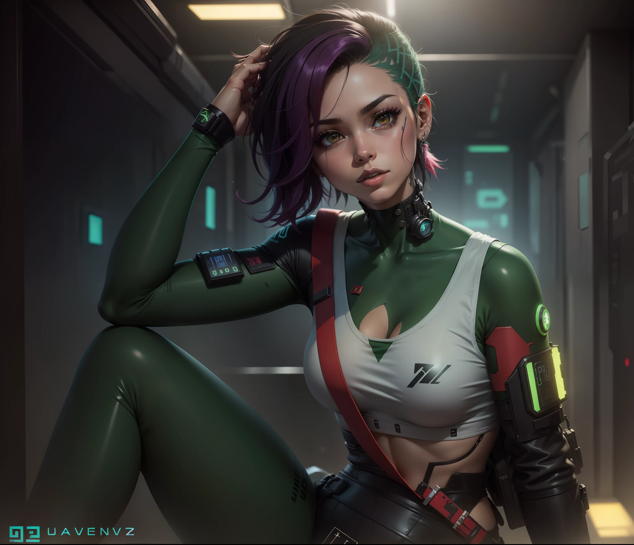 anime girl, judy alvarez, cyberpunk, melhor qualidade, beutiful, perfect, mixed hair green with red, tattoos, best quality, obra de arte